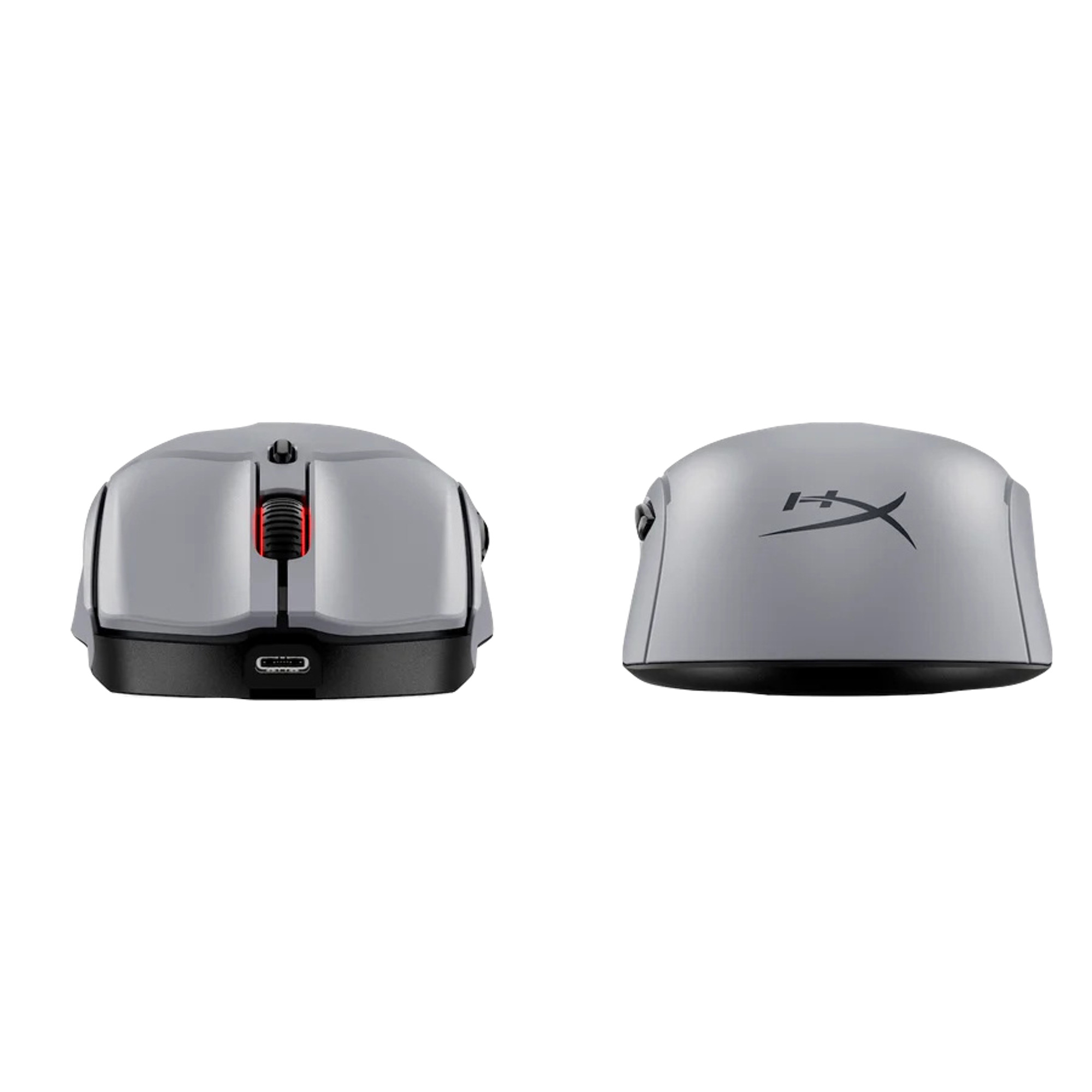Two views of a gray and black computer mouse. The mouse has a scroll wheel and a logo.