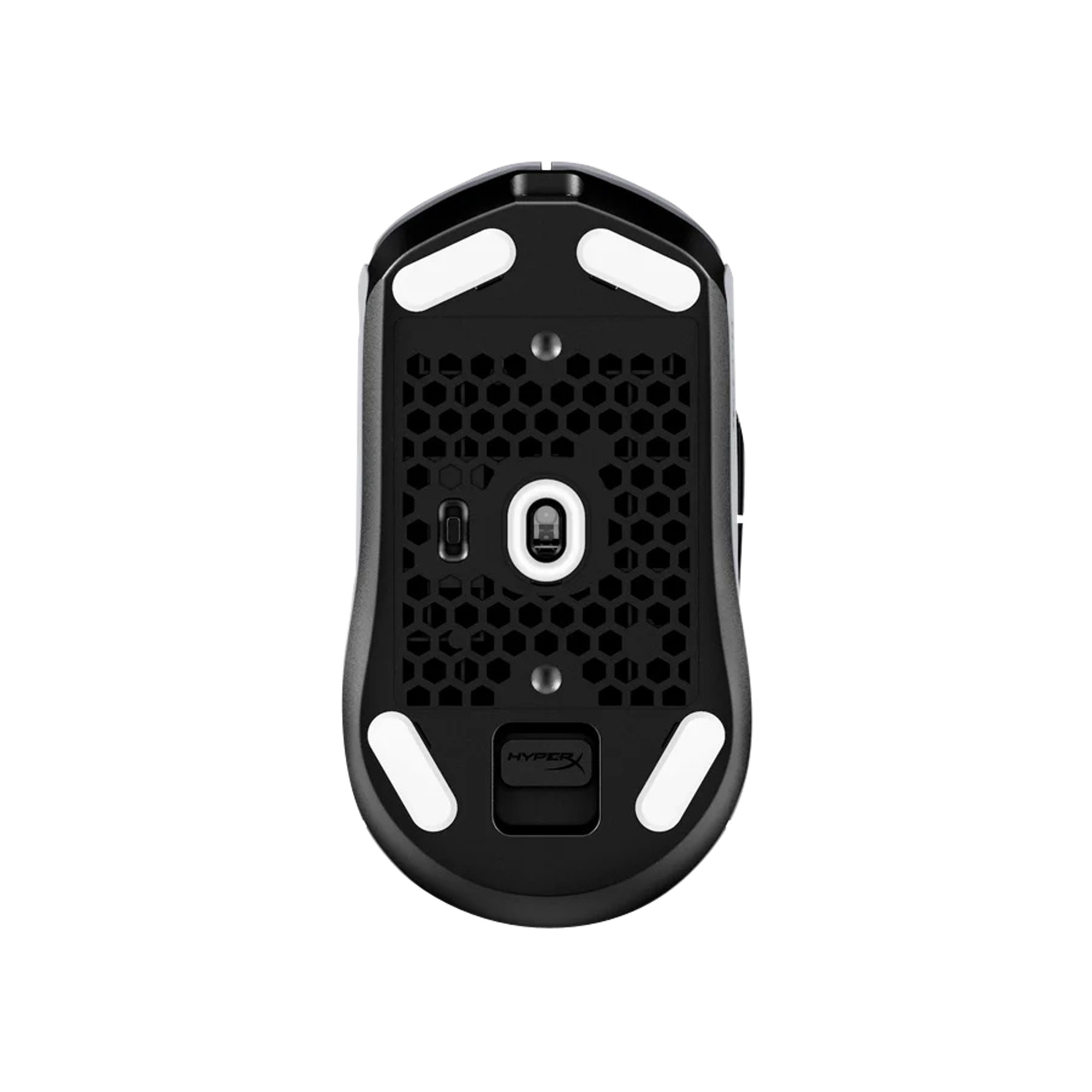 Black computer mouse, underside view. Features white pads, honeycomb pattern, and a HyperX logo.
