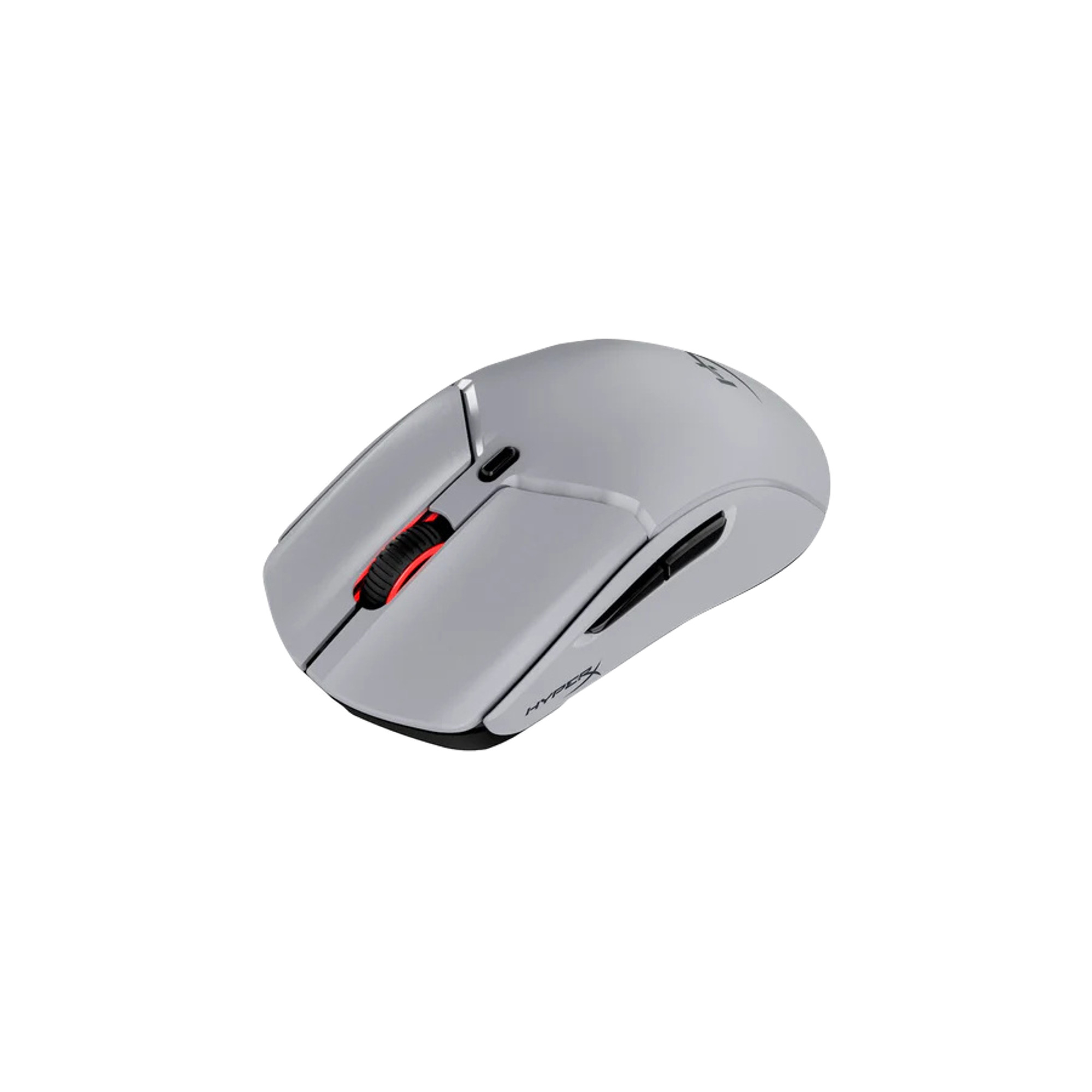 A gray HyperX gaming mouse with a black base and red scroll wheel, isolated on a white background.