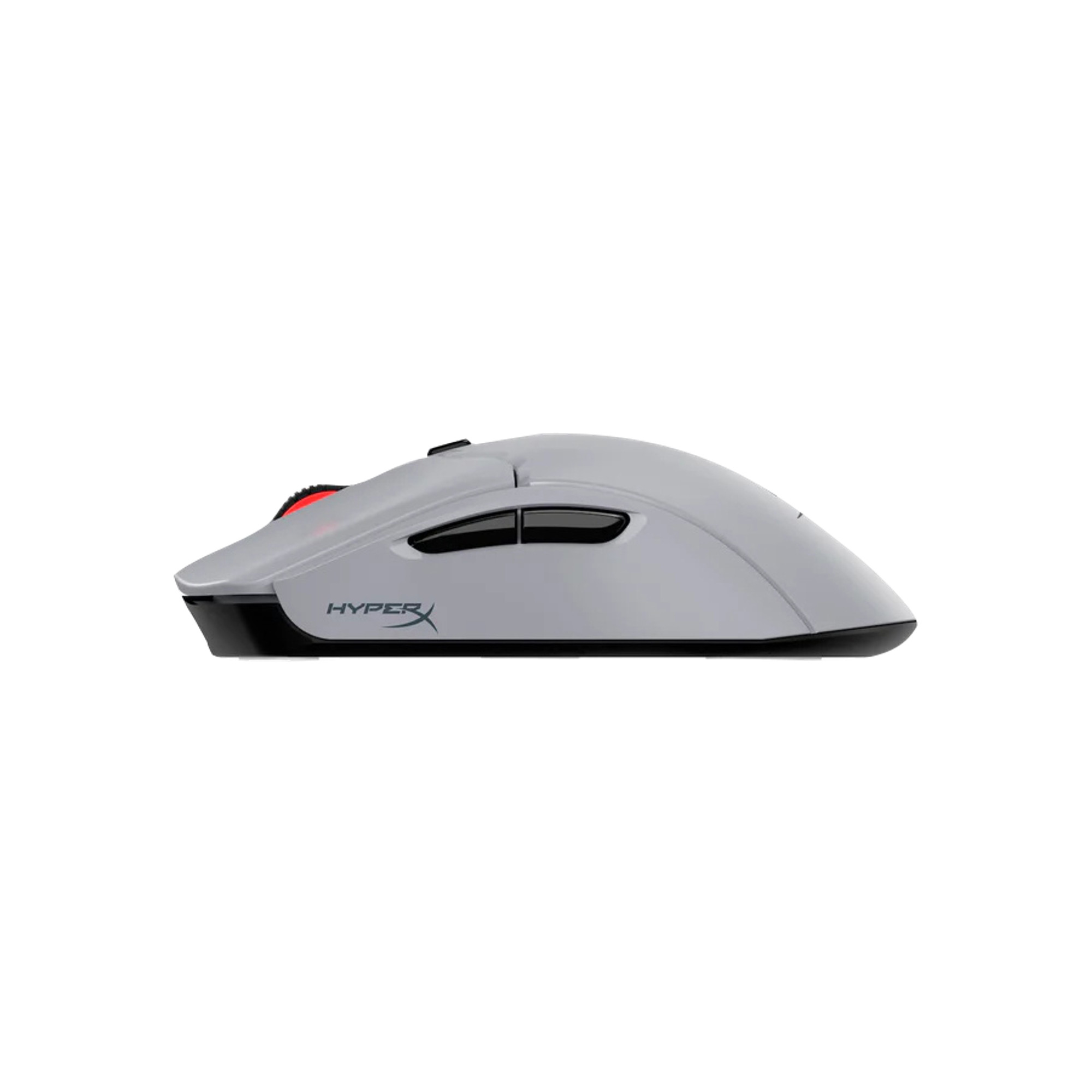 A gray HyperX gaming mouse with black accents, side buttons, and a red scroll wheel, on a white background.