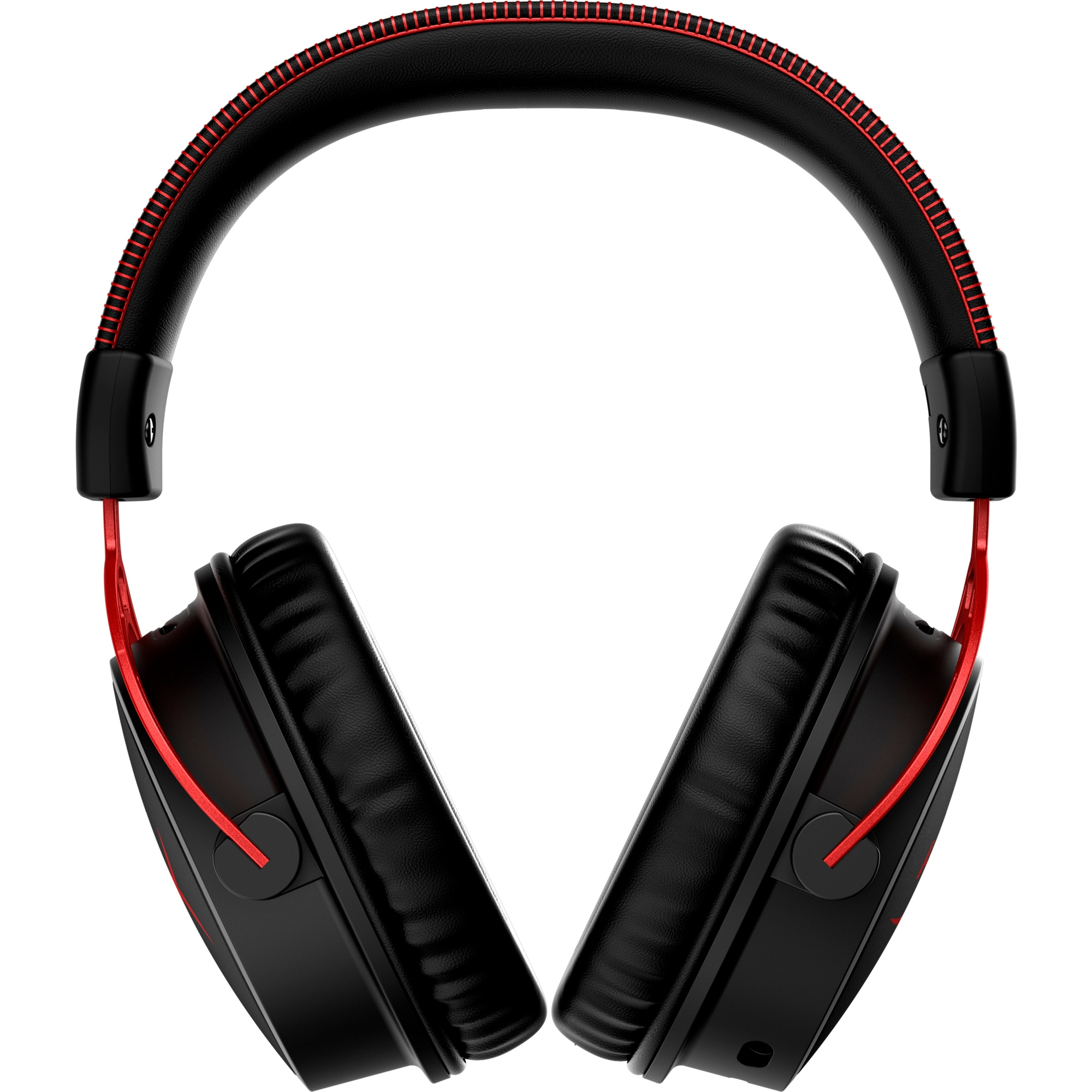 Black headphones with red accents. The headband has red stitching. Earcups are black leather. Red cable connects the earcups.