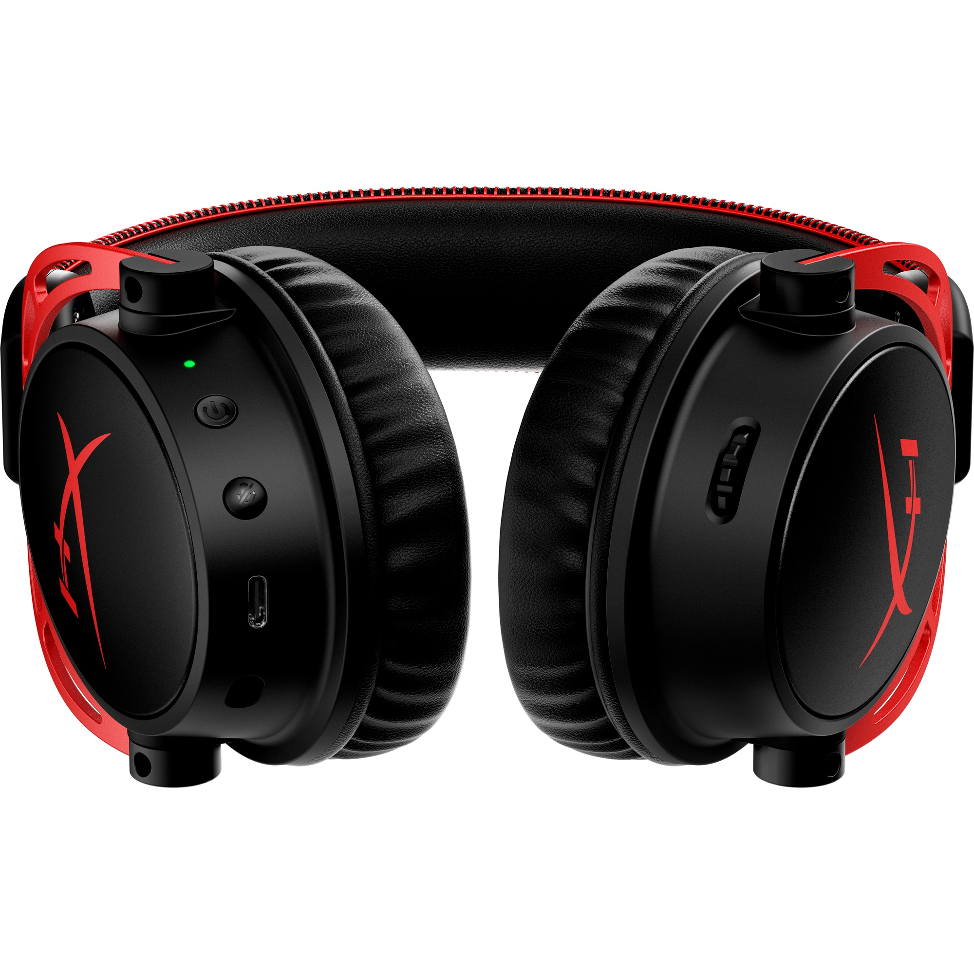 Black and red gaming headset. Features earcups with red accents, and logo. The headband is black.
