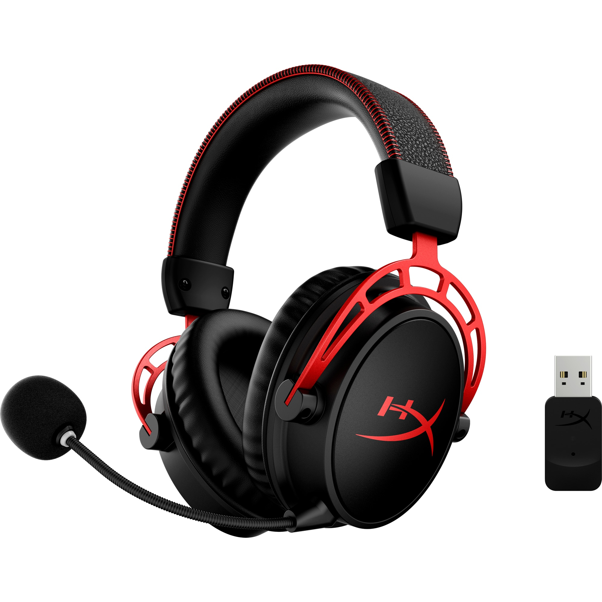Black and red gaming headphones with a microphone and USB dongle. HyperX logo on the earcups and dongle.