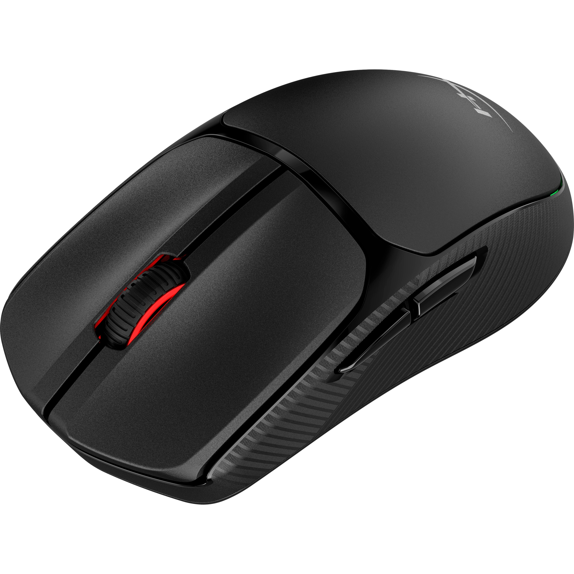 Black wireless computer mouse. Features a scroll wheel with red accents, and two side buttons. The mouse has a textured design.