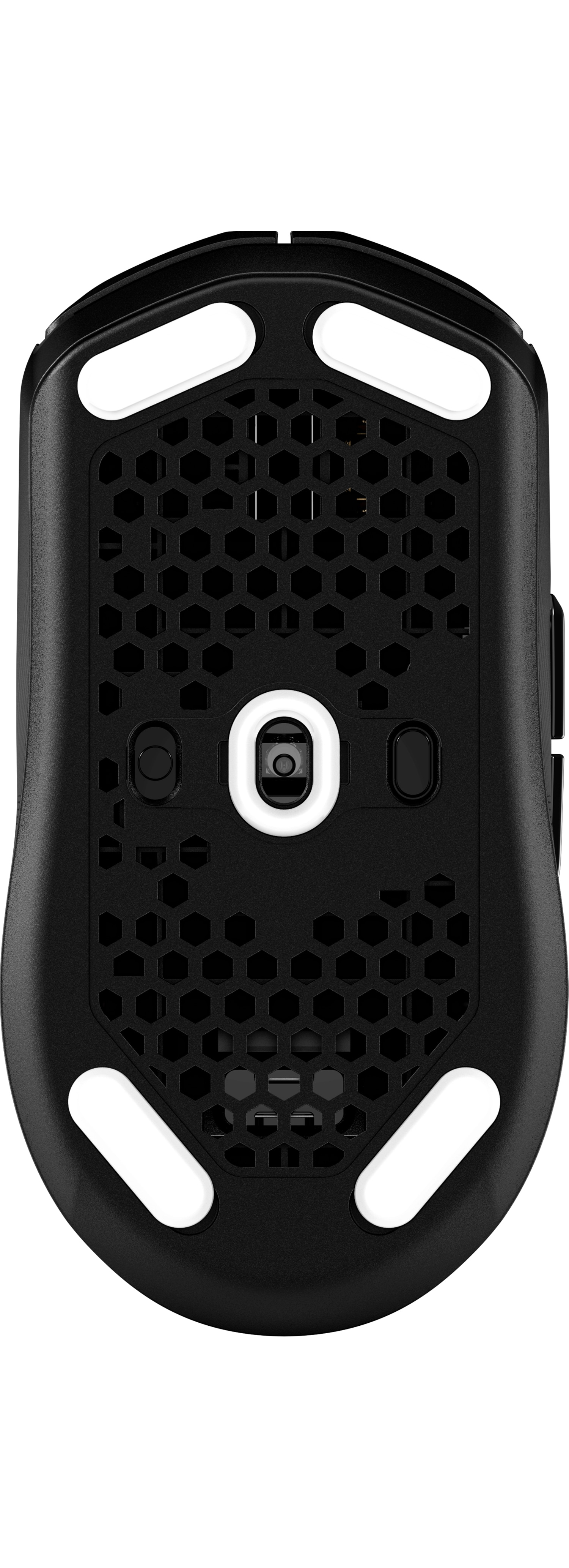 Bottom view of a black computer mouse. Features white pads, honeycomb vent pattern, and a sensor with a white ring.