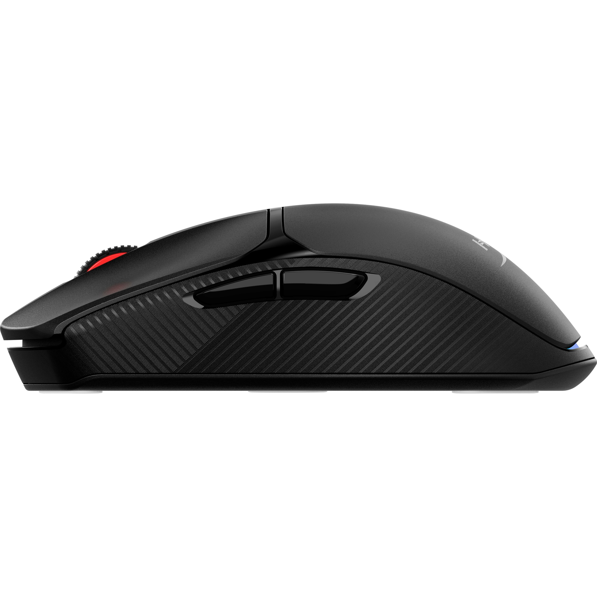 Side view of a black computer mouse. It has a red scroll wheel, two side buttons and a textured grip.
