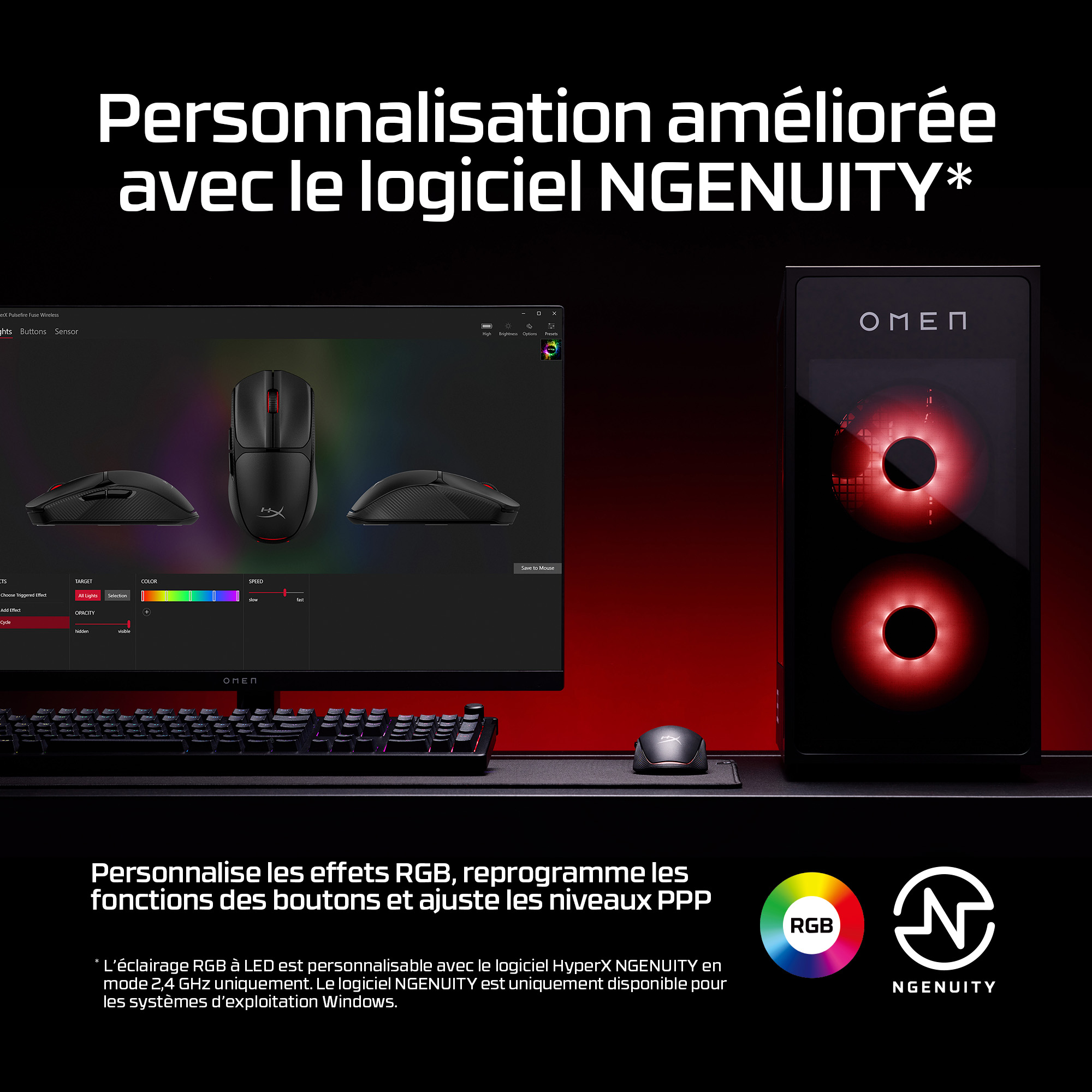Black mouse, PC, and monitor with software interface. RGB customization is highlighted with logos.