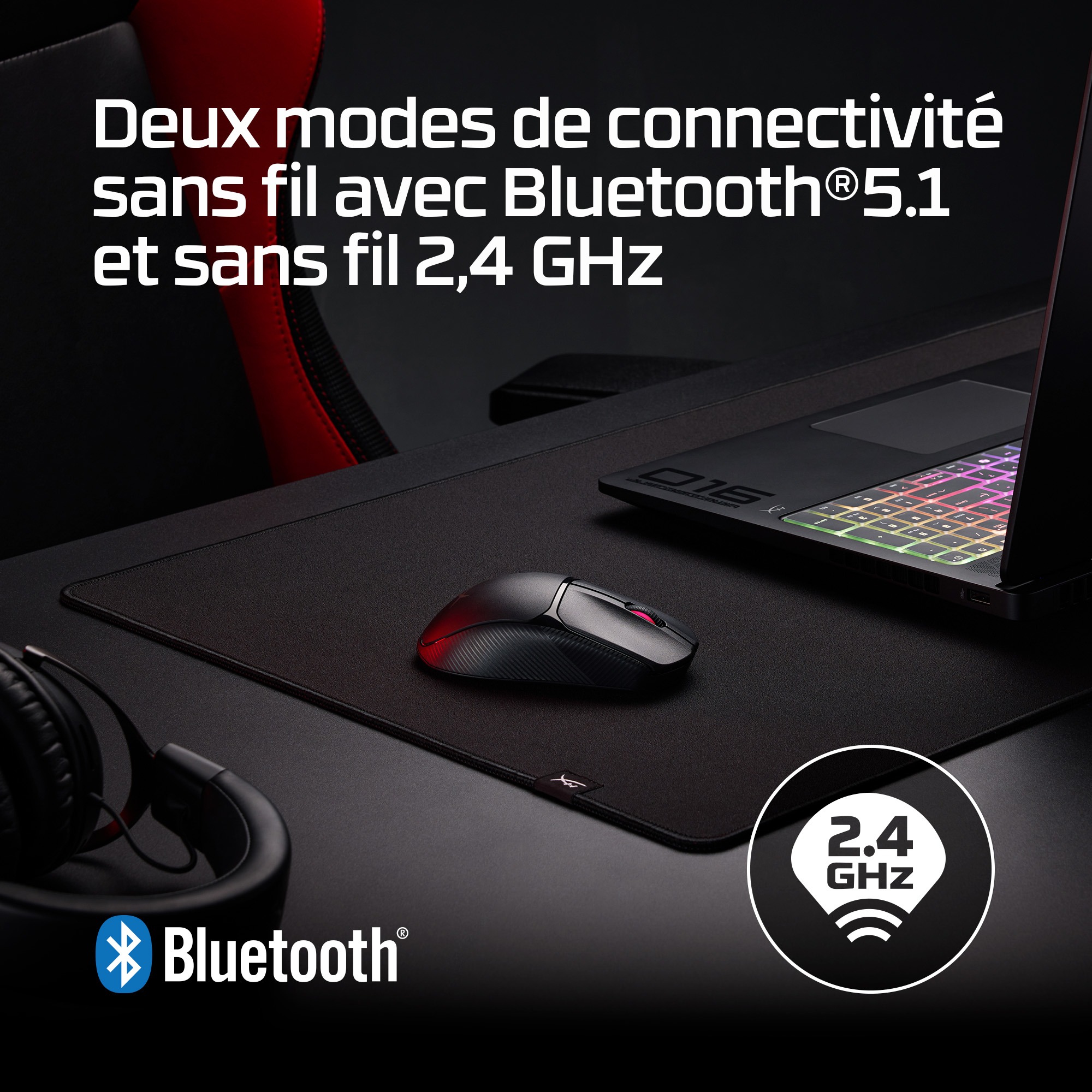 Gaming setup with mouse, laptop, and headset. Bluetooth and 2.4 GHz connectivity options are highlighted.