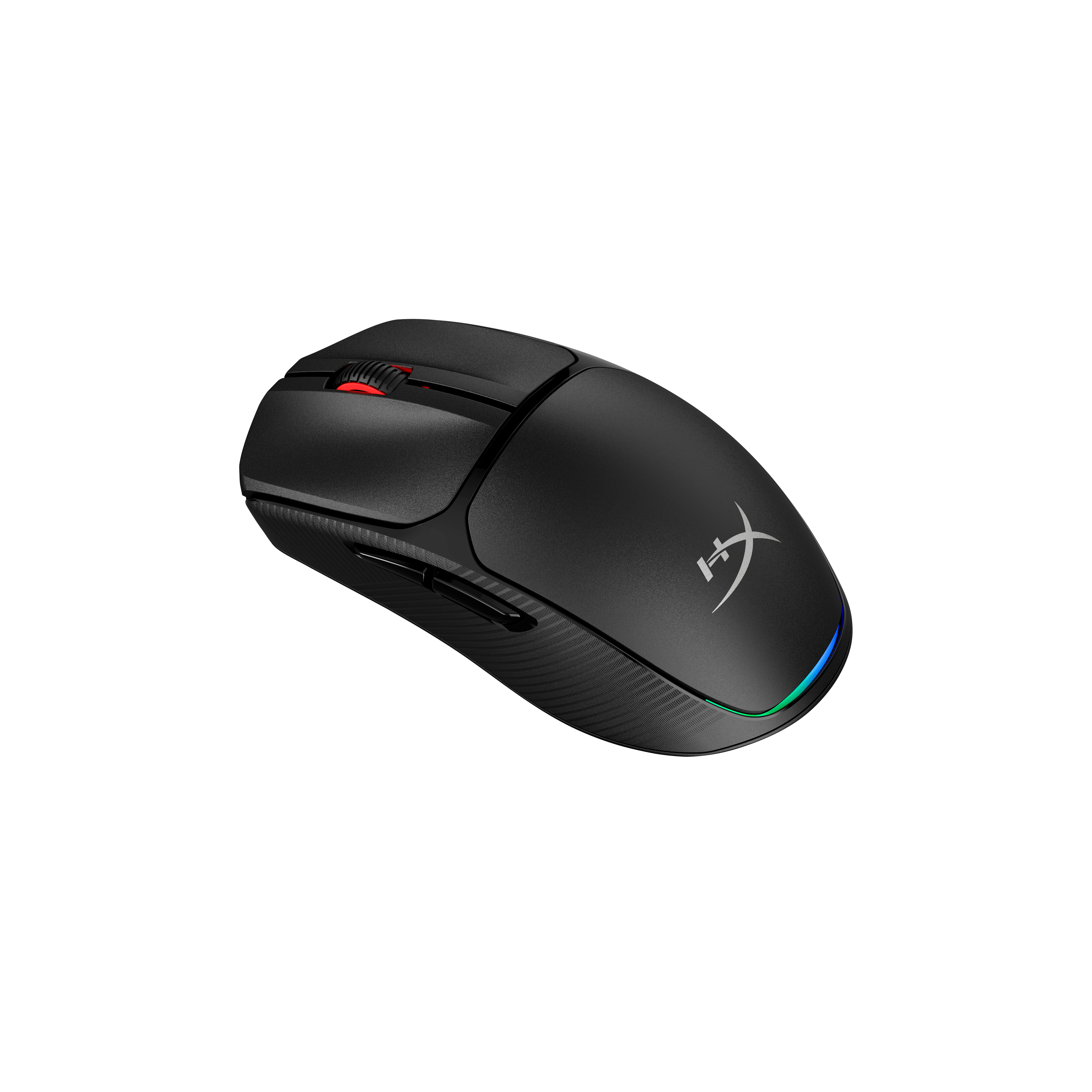 Black gaming mouse with red scroll wheel and RGB lighting on a white background.