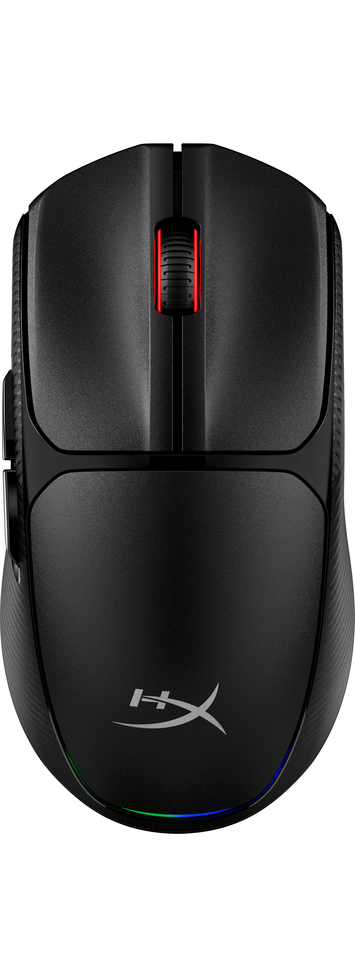 Black wireless mouse with red illuminated scroll wheel and logo. It has a green and blue light at the bottom.
