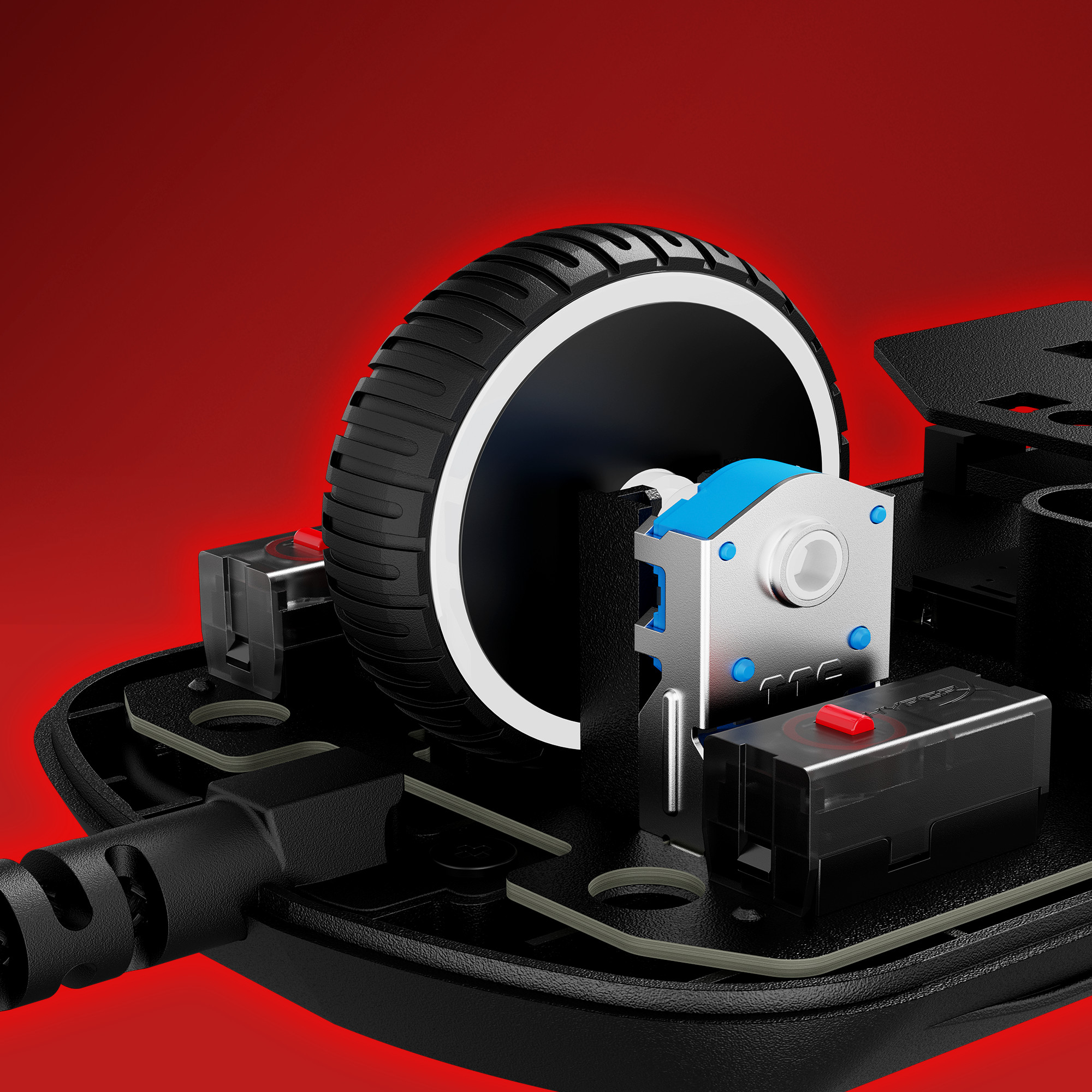 Close-up of a computer mouse's internal components. The scroll wheel, switches, and circuit board are visible against a red background.