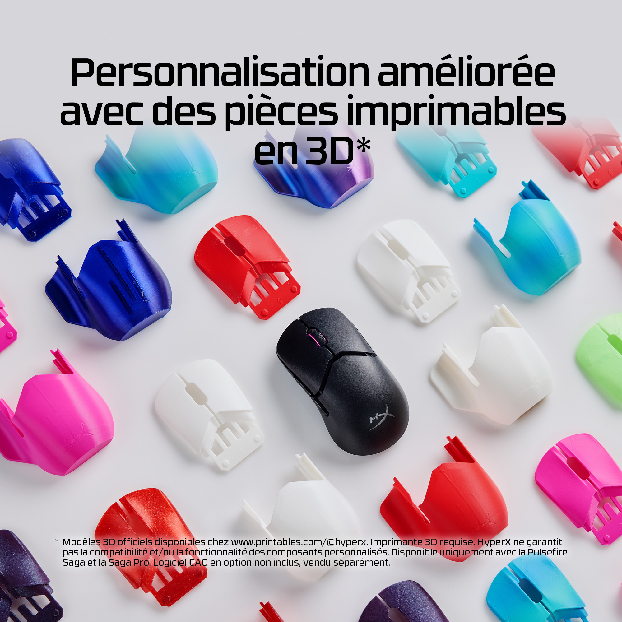 Image shows computer mouse surrounded by colorful 3D-printed mouse covers. Text says: enhanced customization with 3D printable parts.