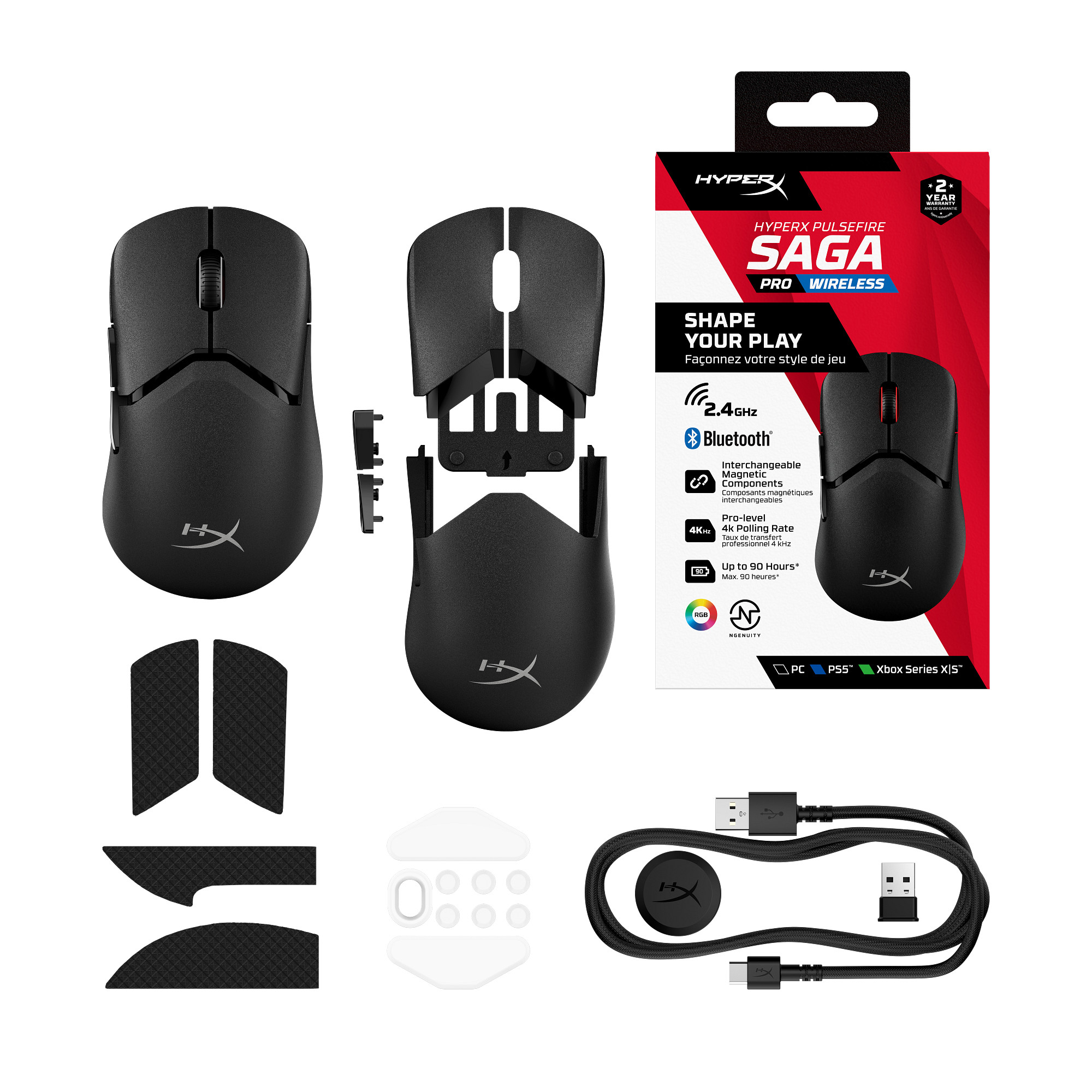 Black HyperX Pulsefire Saga wireless gaming mouse, components, and accessories are displayed on a white surface.
