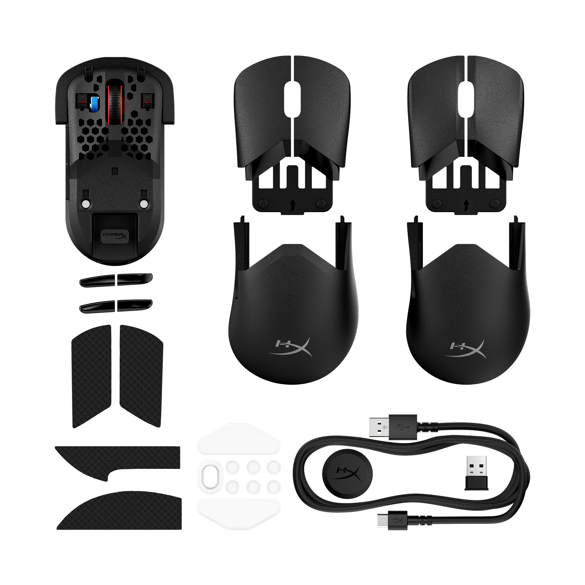 Disassembled black gaming mouse with multiple components: top cover, bottom, side grips, charging cable, and receiver.