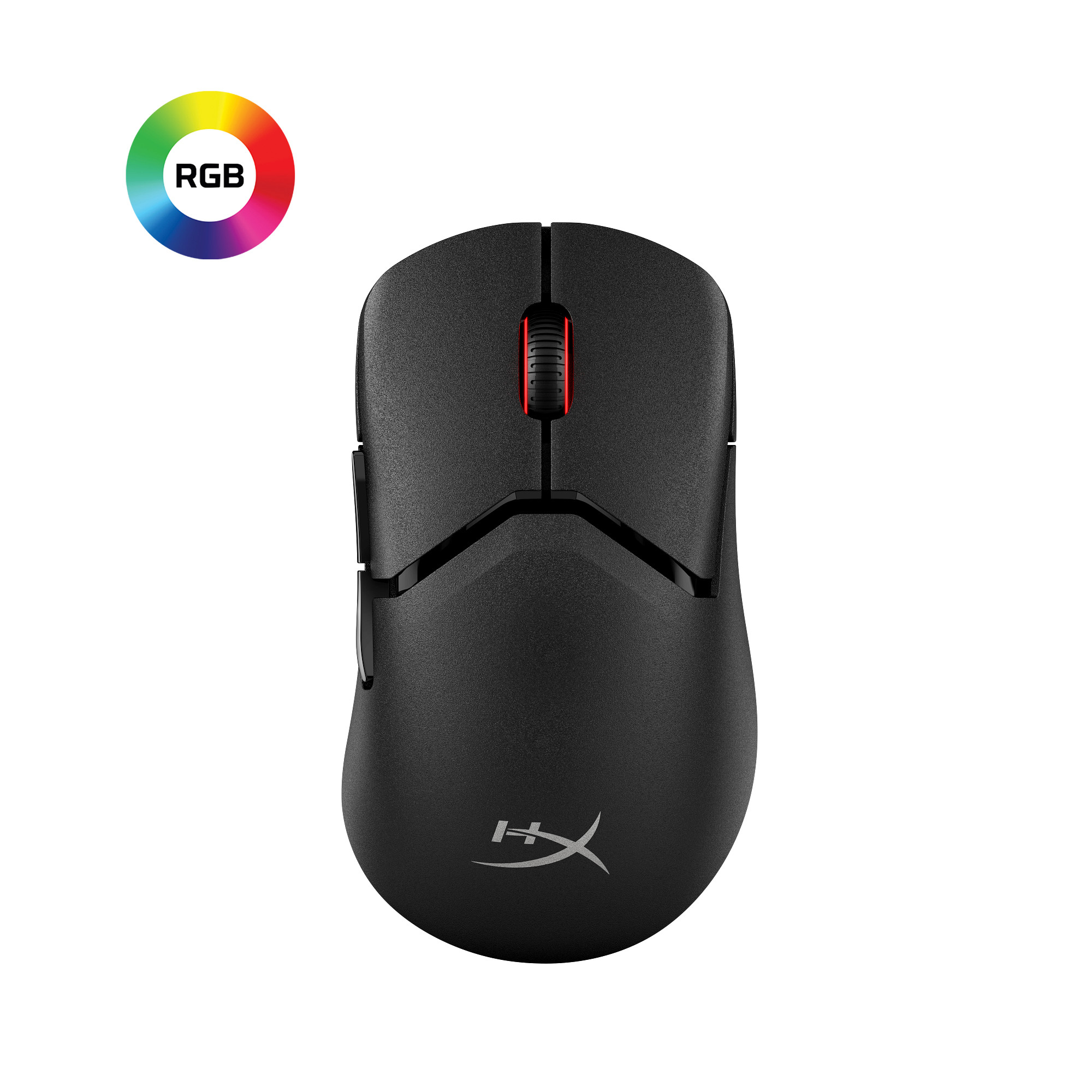 Black gaming mouse with red scroll wheel and RGB logo. White background. HyperX logo at the bottom.