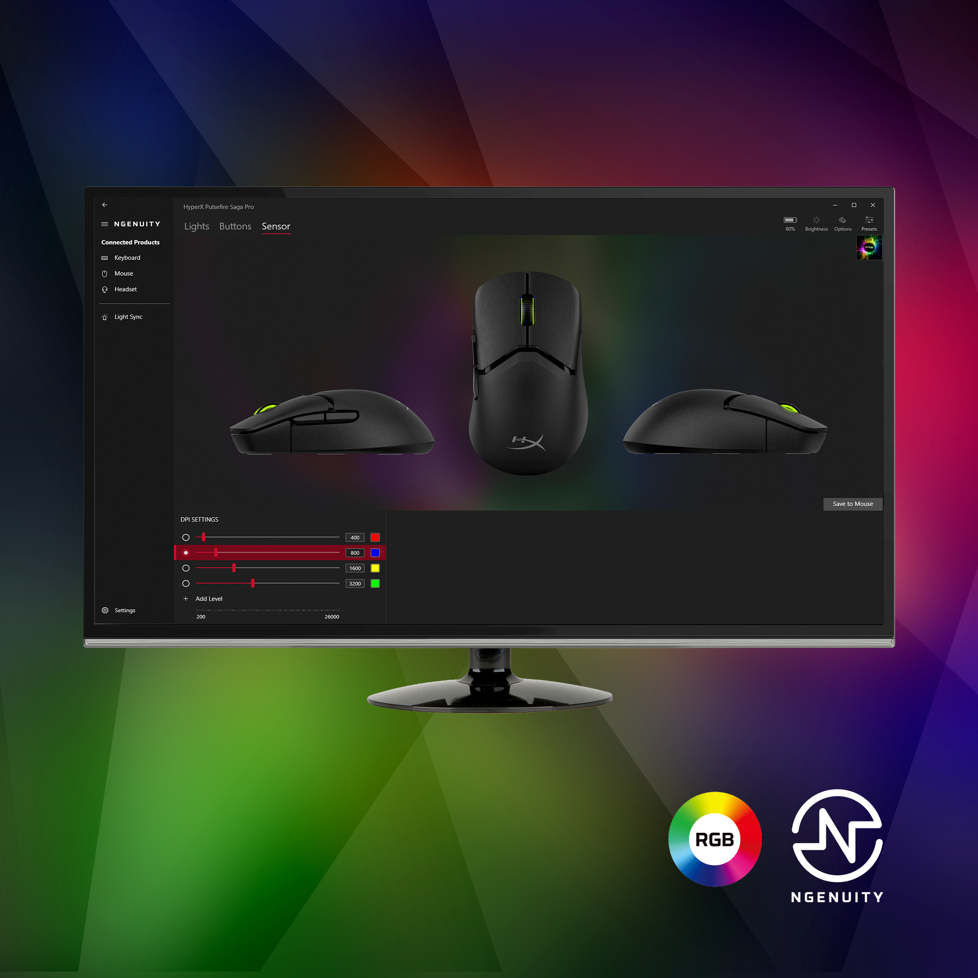 A monitor shows a mouse configuration interface. The mouse is black with green accents. Background is colorful.
