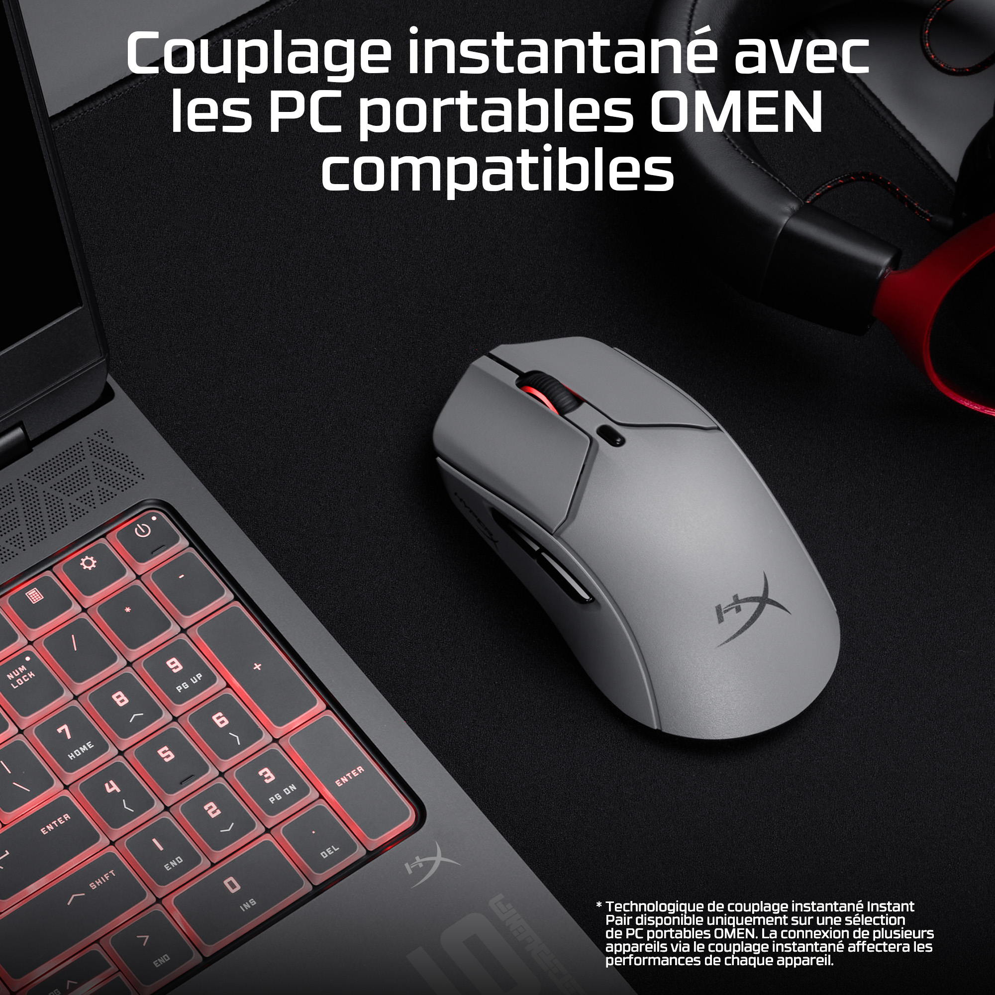 Laptop keyboard, gray mouse, and red-accented headset on a black surface. Text: Instant pairing with OMEN laptops.