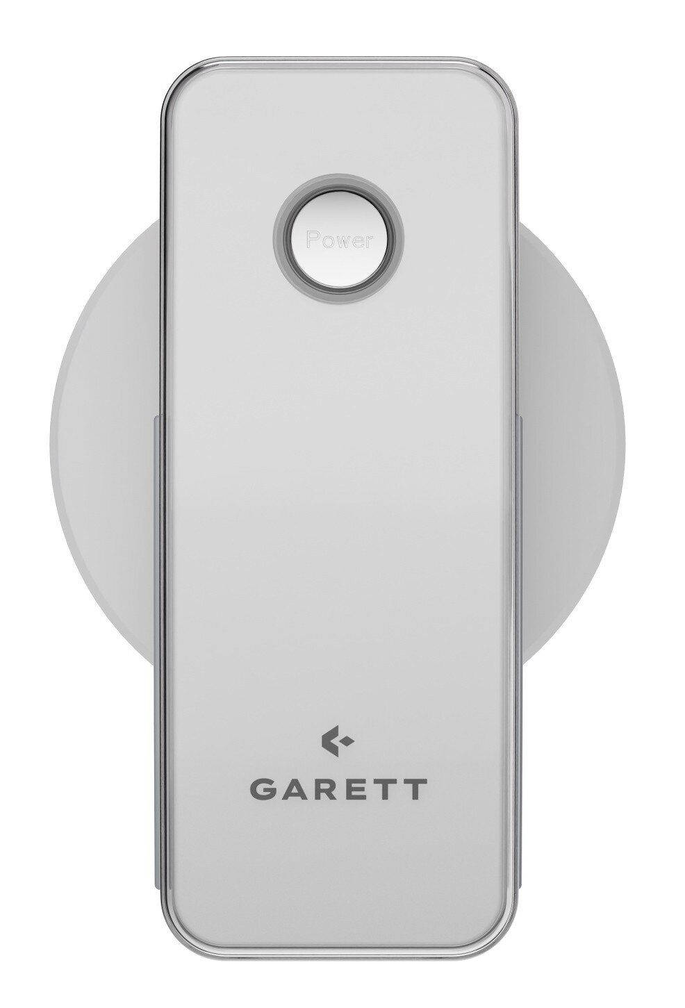 Białe prostokątne urządzenie z przyciskiem zasilania i marką GARETT. Zamontowane na białej, okrągłej podstawie.