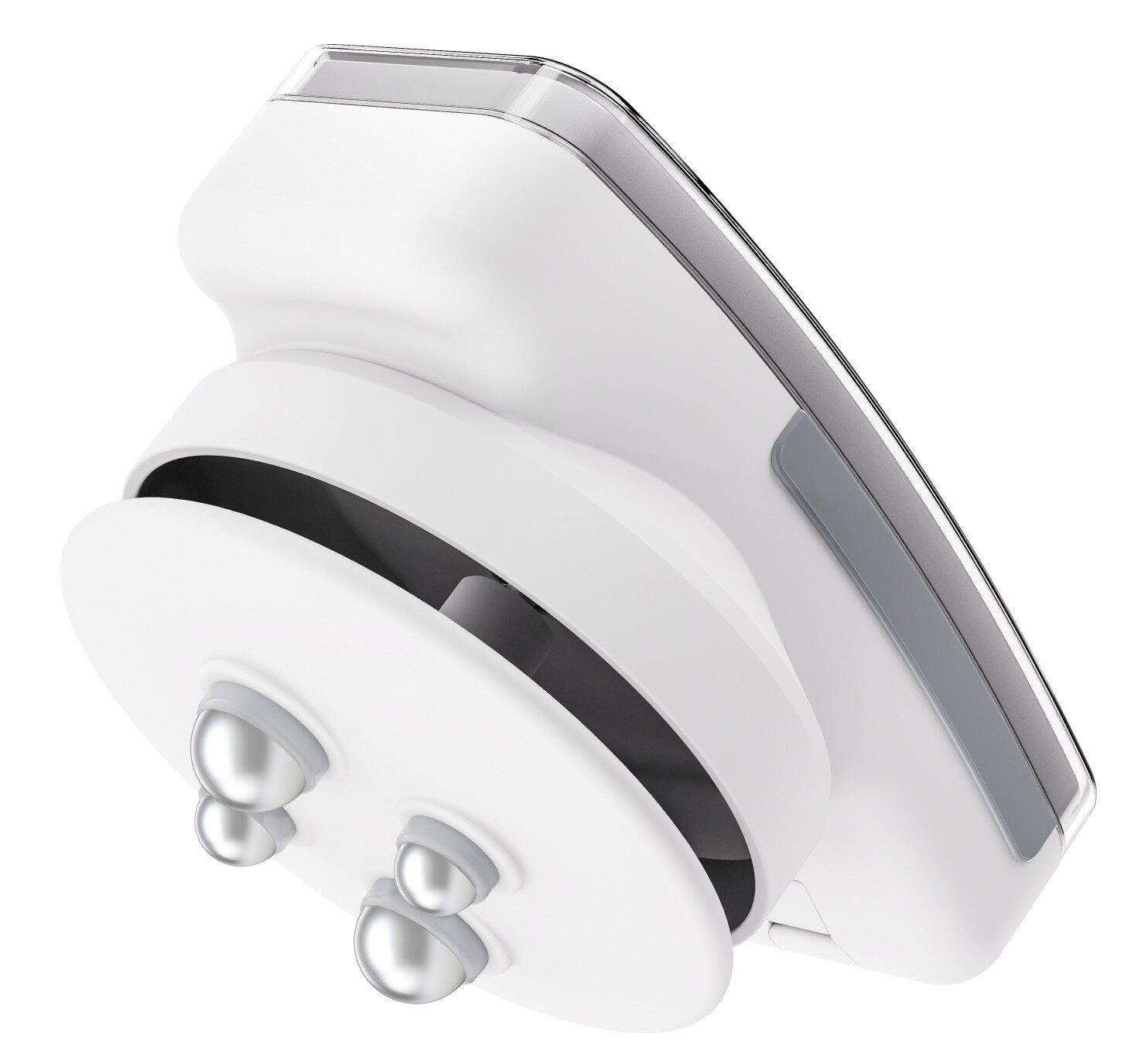 Biały i srebrny masażer do twarzy. Ma zaokrągloną podstawę z czterema srebrnymi kulkami i zakrzywiony, prostokątny uchwyt.