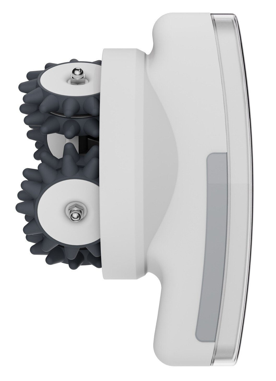 Biało-szare urządzenie do masażu. Dwa kolczaste koła po lewej, uchwyt po prawej. Szaro-biała kolorystyka.