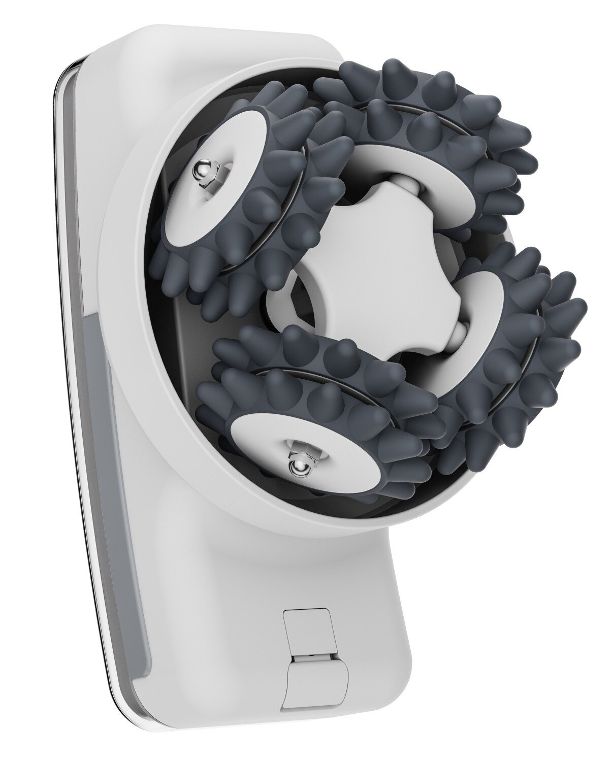 Białe i szare narzędzie do masażu. Szare wałki z kolcami obracają się w białej ramie. Widoczny biały centralny element.