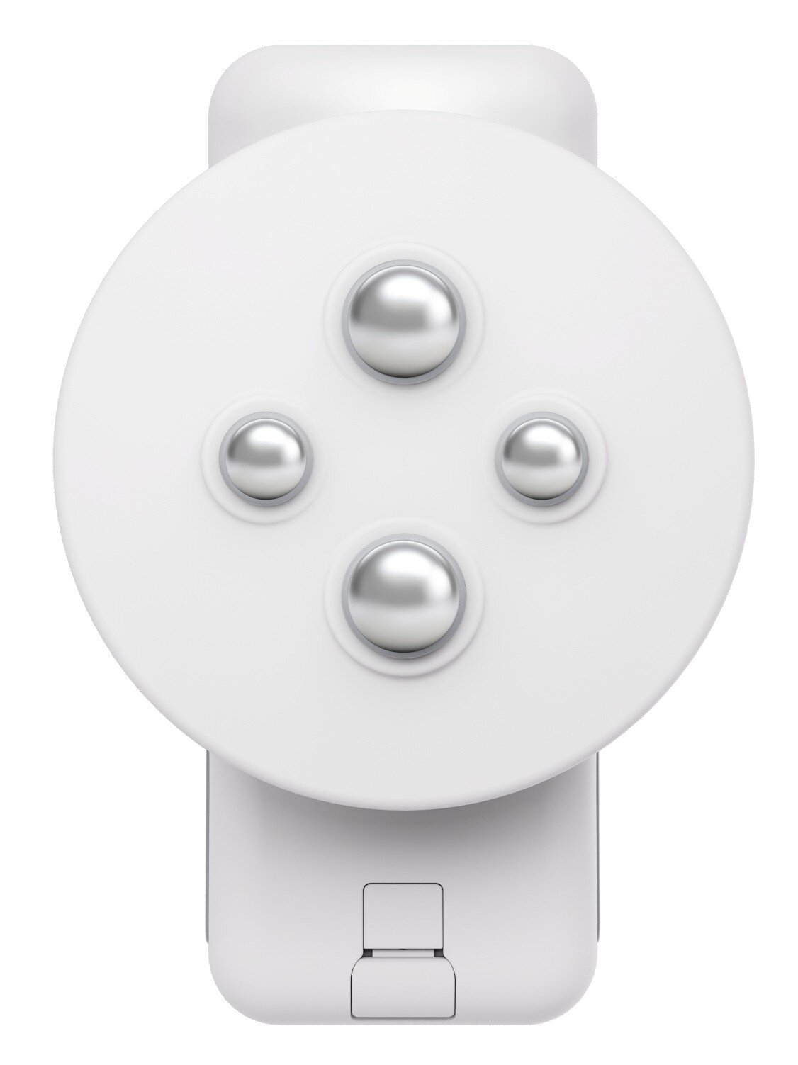 Zbliżenie białego urządzenia elektrycznego z okrągłą górą z czterema srebrnymi metalowymi przyciskami. Spód ma prostokątny otwór.