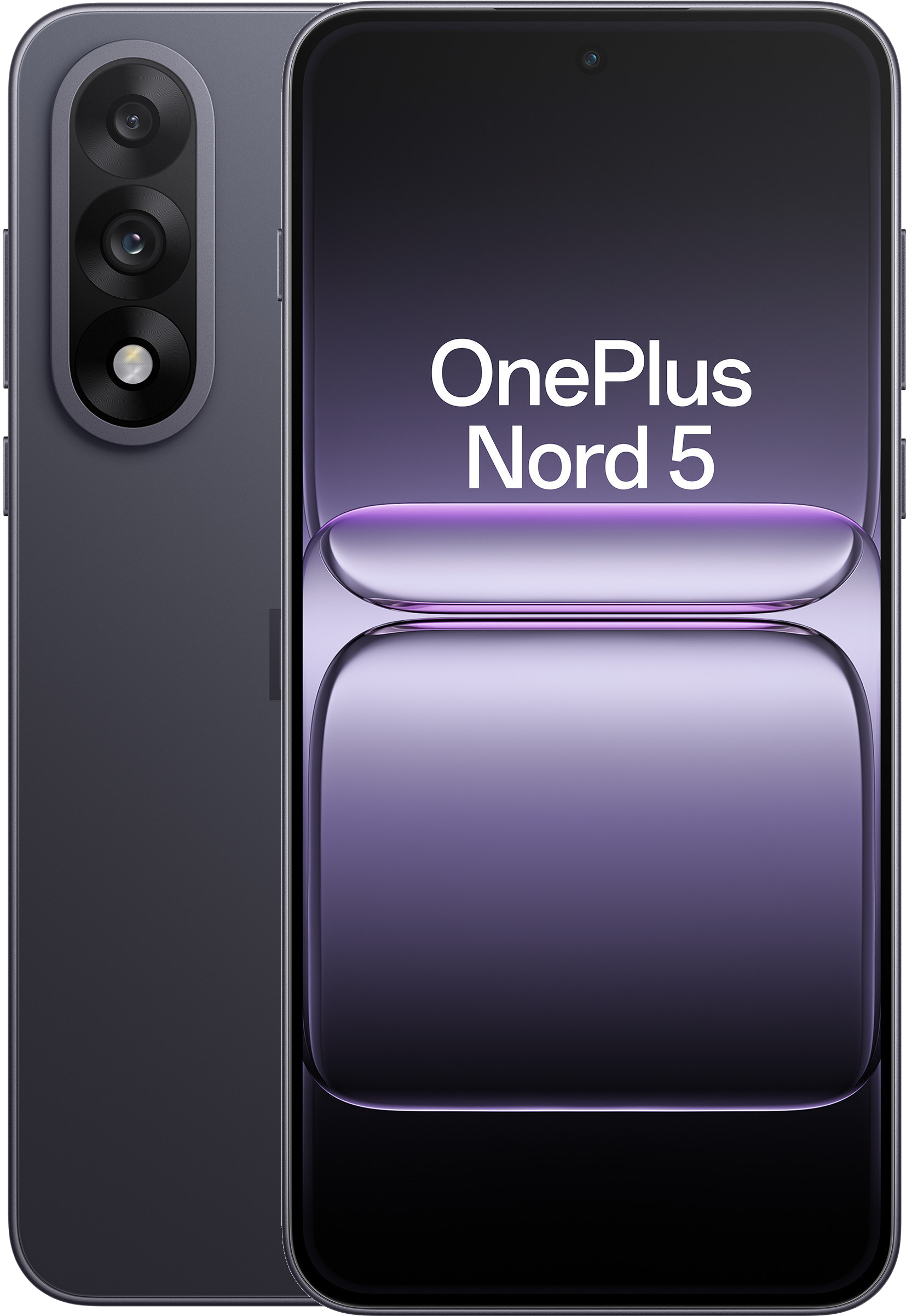 Smartfon z fioletowym ekranem wyświetlającym OnePlus Nord 5. Tył pokazuje obiektywy z potrójnym aparatem. Telefon jest ciemnoszary.