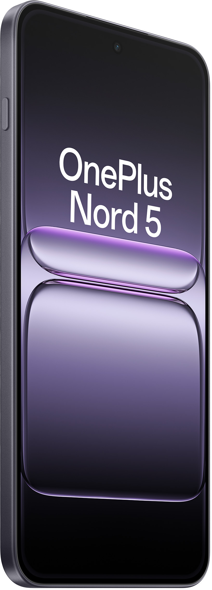 Smartfon z napisem OnePlus Nord 5 na ekranie. Jest w kolorze ciemnofioletowym, z aparatem u góry.