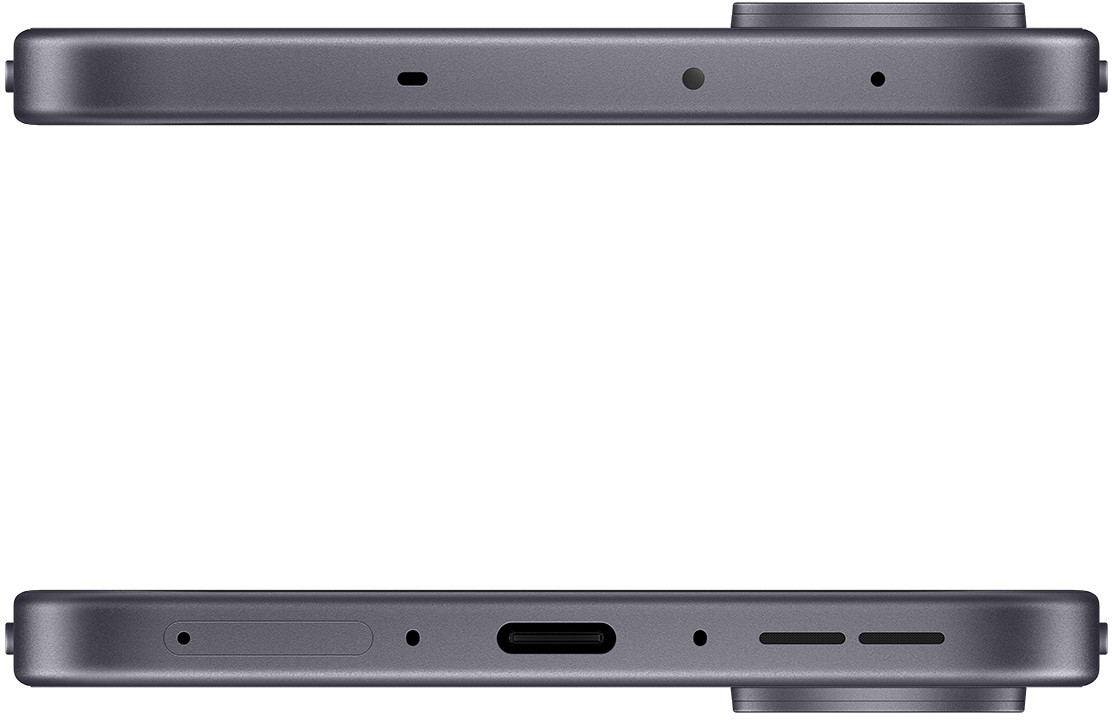 Szary smartfon, pokazujący górną i dolną krawędź. Zawiera aparat, mikrofon, port ładowania i otwory głośnikowe.