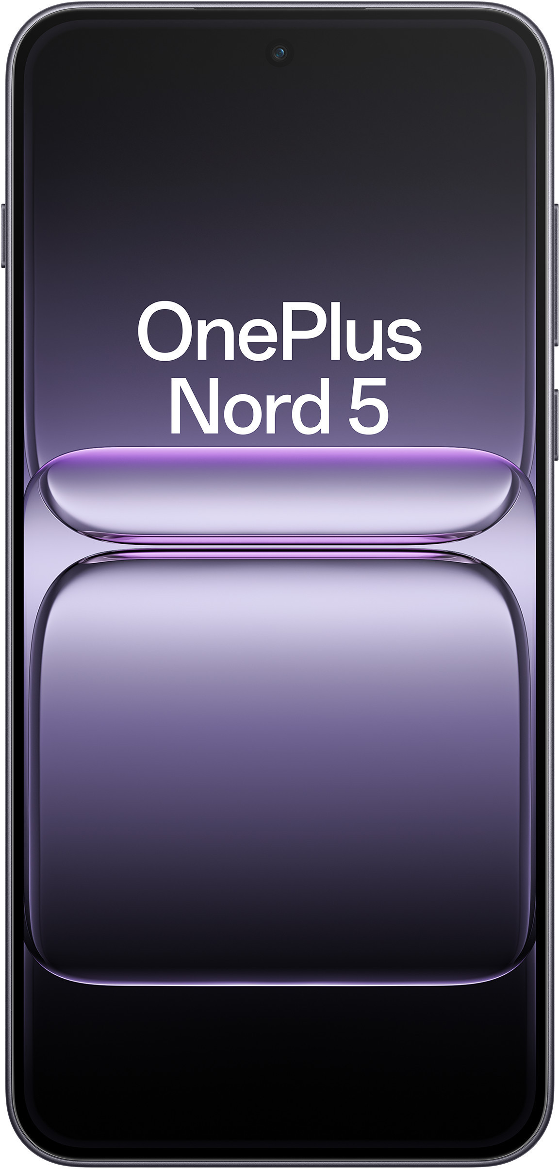 Smartfon z logo OnePlus Nord 5 wyświetlanym na ekranie. Ekran ma gradientowe tło, a telefon ma zaokrąglone krawędzie.