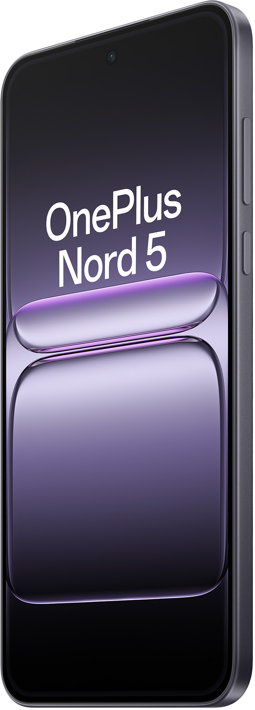 Smartfon z fioletowym ekranem, tekstem "OnePlus Nord 5" i aparatem u góry.