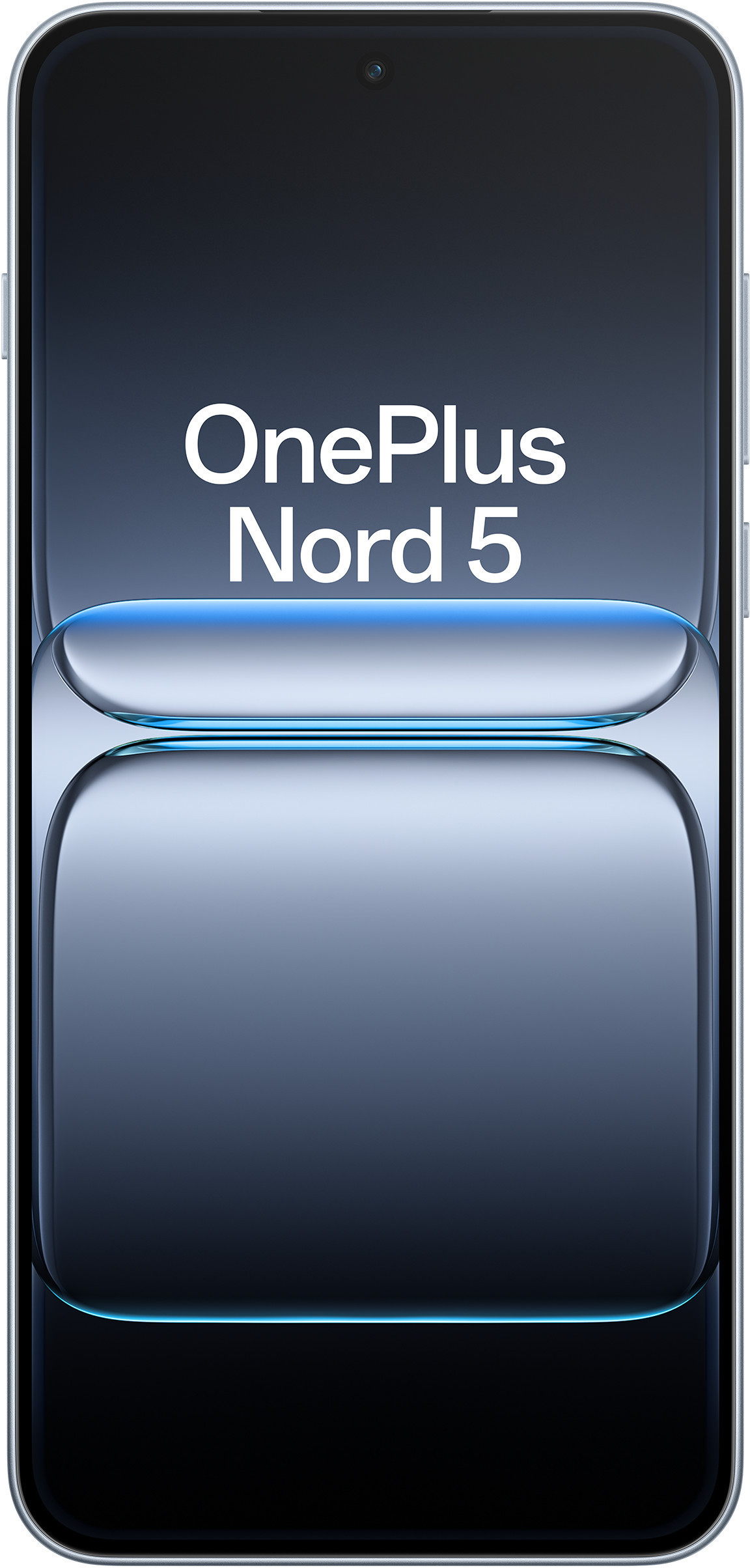 Smartfon z gradientowym niebieskim ekranem. Tekst 'OnePlus Nord 5' jest biały. Telefon ma zaokrąglone rogi i aparat.