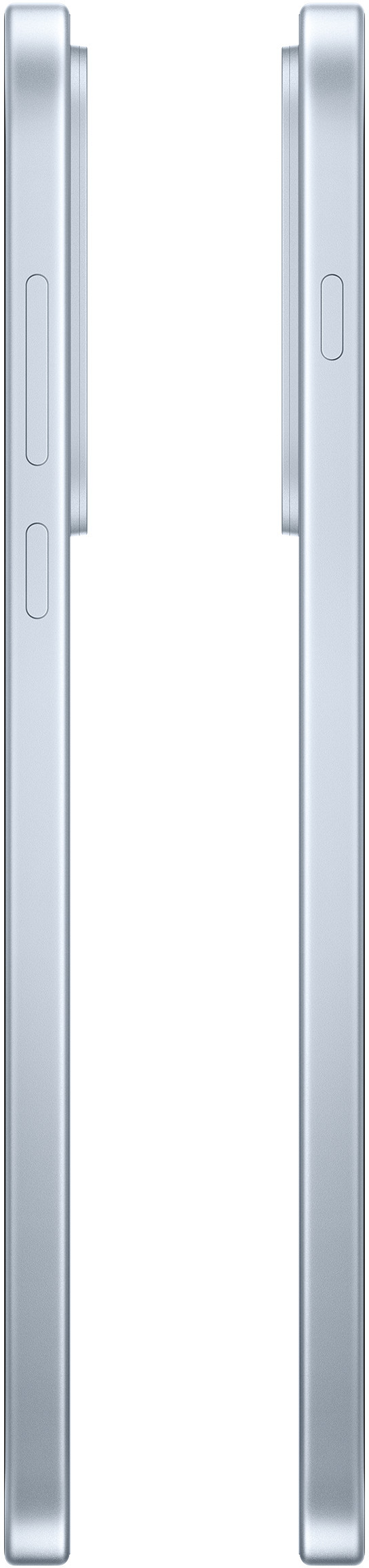 Widok z boku dwóch jasnoszarych smartfonów. Jeden ma przyciski. Białe tło.