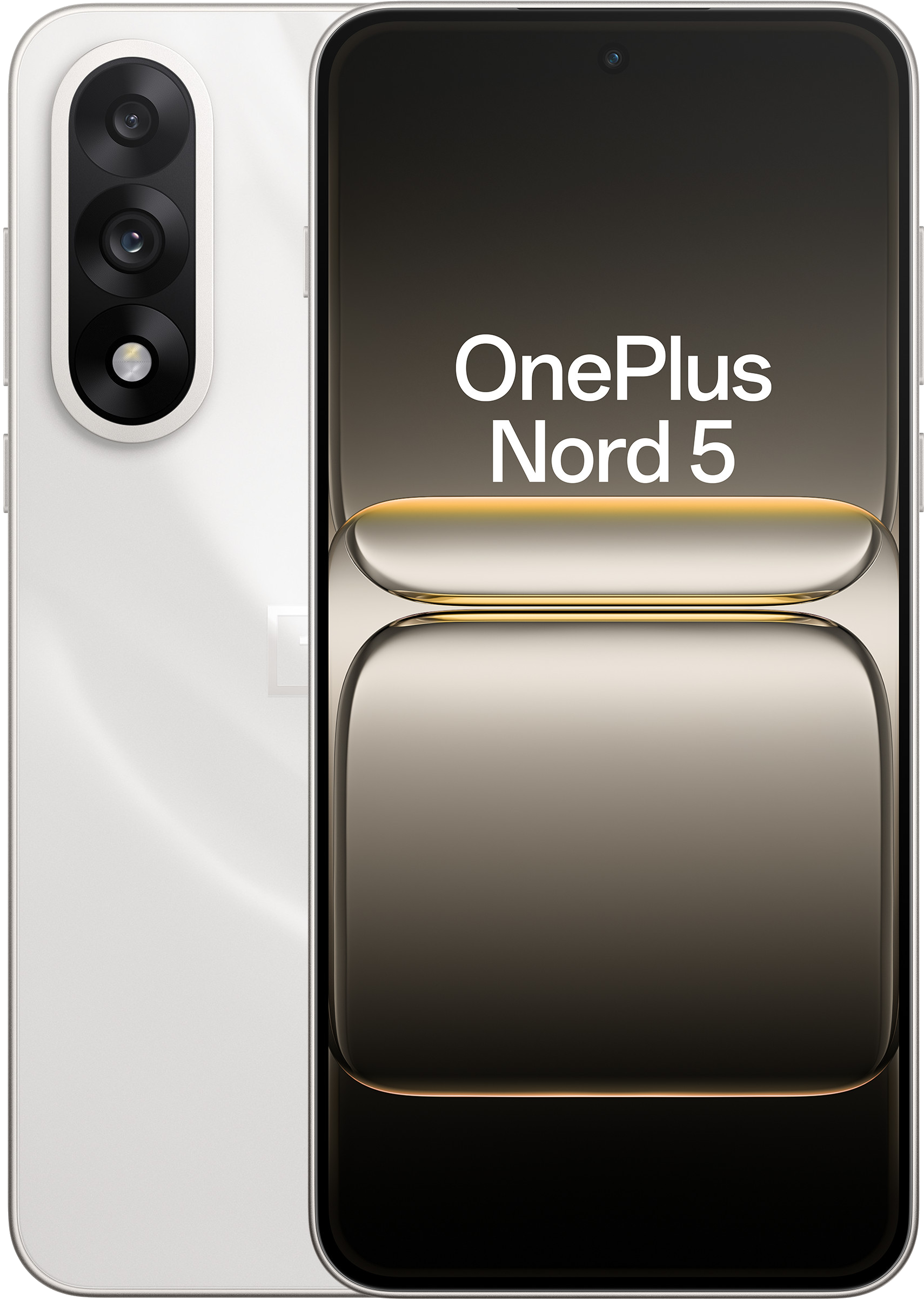 Biały smartfon z ekranem z napisem OnePlus Nord 5, trzema aparatami i białą obudową.