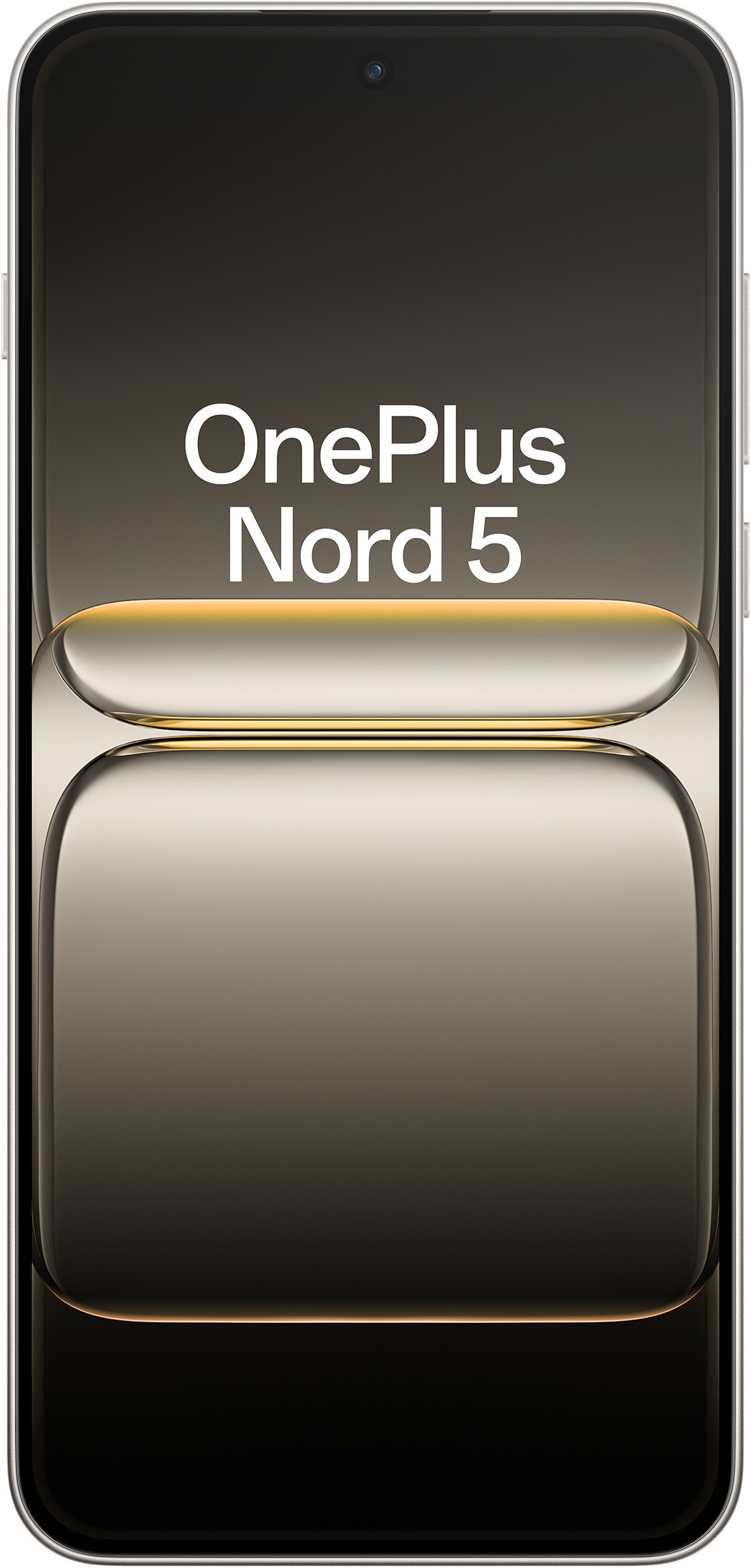 Smartfon z czarnym ekranem z napisem 'OnePlus Nord 5'. Zakrzywiony design i aparat u góry.