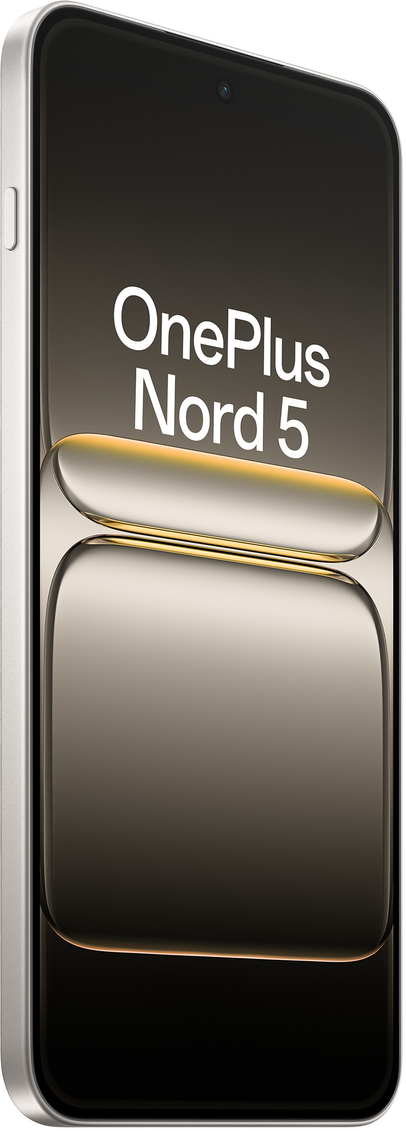 Srebrny telefon OnePlus Nord 5. Ekran wyświetla nazwę telefonu. W górnej części środkowej znajduje się aparat.