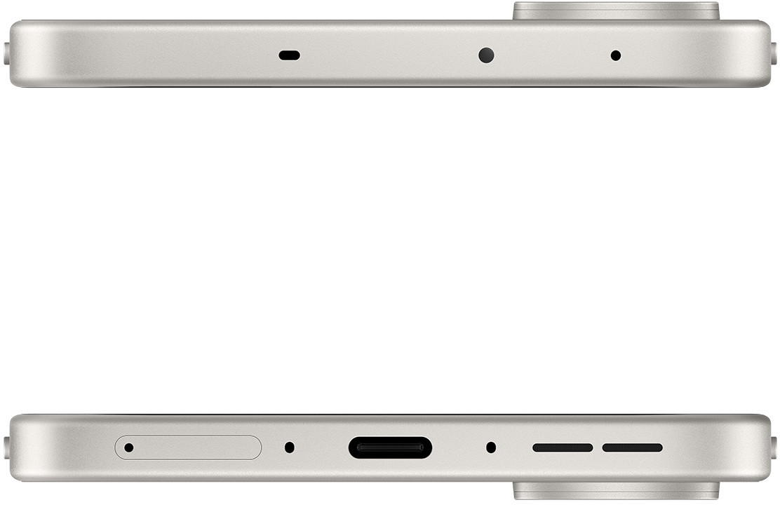 Widok z góry i z dołu srebrnego smartfona. Pokazuje porty, przyciski i kratki głośników. Telefon ma płaską konstrukcję.