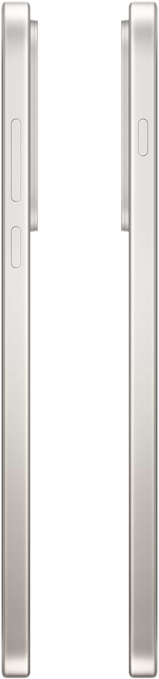 Pokazano dwie srebrne strony telefonu, jedną z przyciskami, drugą gładką. Oba mają wypukłość aparatu.