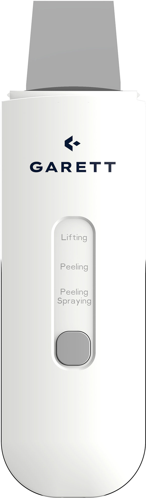 Biały oczyszczacz do twarzy GARETT. Ma szare ostrze, panel sterowania z trybami i przyciskiem.