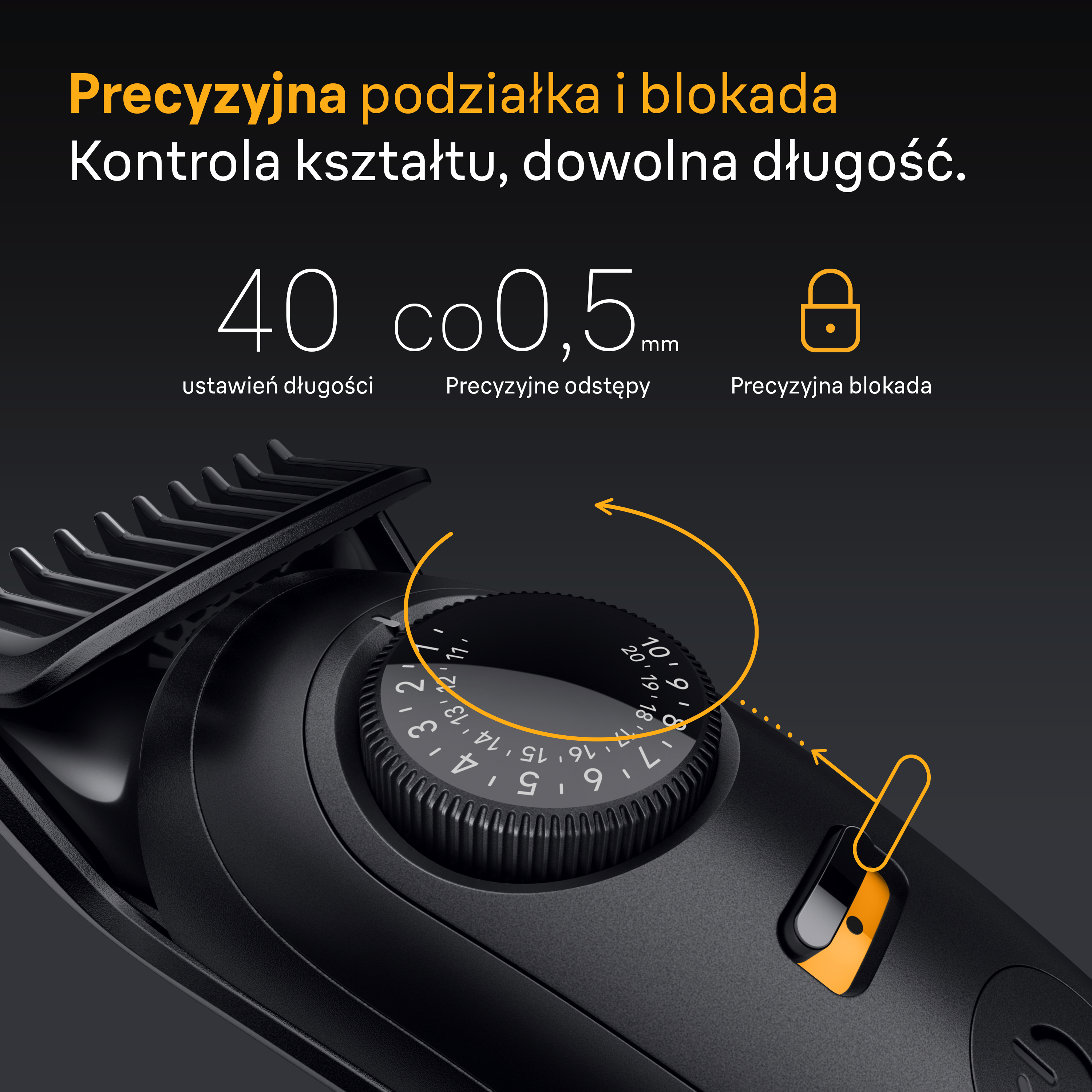 Czarna maszynka do włosów z regulowanym pokrętłem i ustawieniami. Pomarańczowe akcenty. Precyzyjne długości cięcia i blokada.