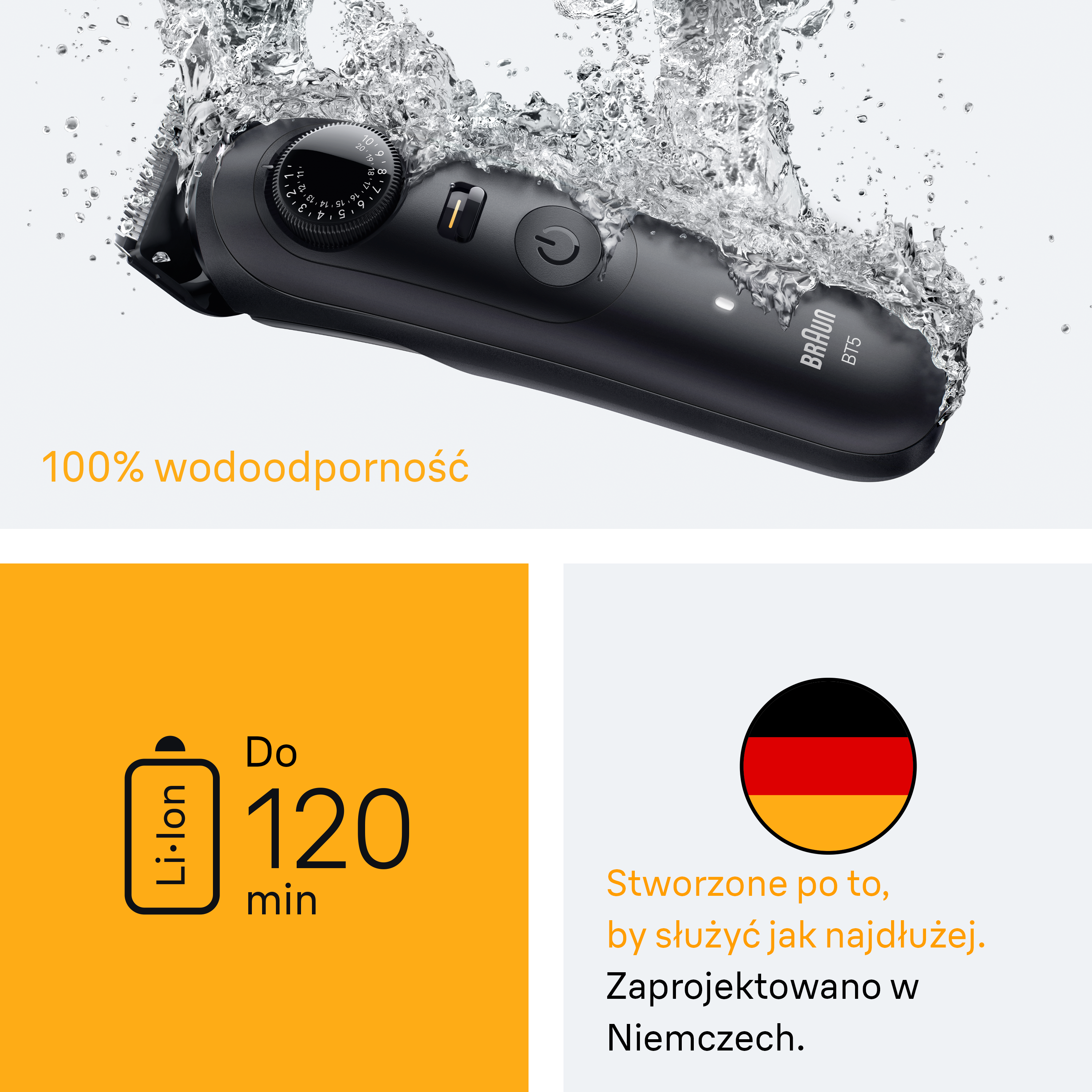 Czarny trymer w wodzie, z rozpryskami. Pomarańczowy tekst: 100% wodoodporny. Żółte tło z tekstem i ikoną baterii. Flaga Niemiec.