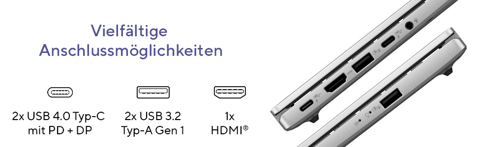 Laptop mit Anschlüssen: USB-C, USB-A, HDMI. Text: Vielfältige Anschlussmöglichkeiten.