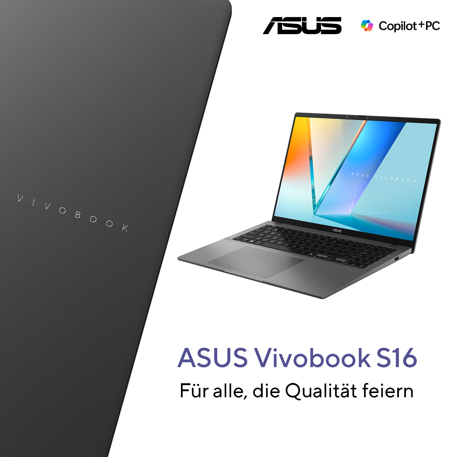 ASUS Vivobook S16 Laptop auf Weiß. Dunkelgrauer Laptop mit offenem Bildschirm, der blaue, orange und weiße Grafiken zeigt. ASUS-Logo sichtbar.