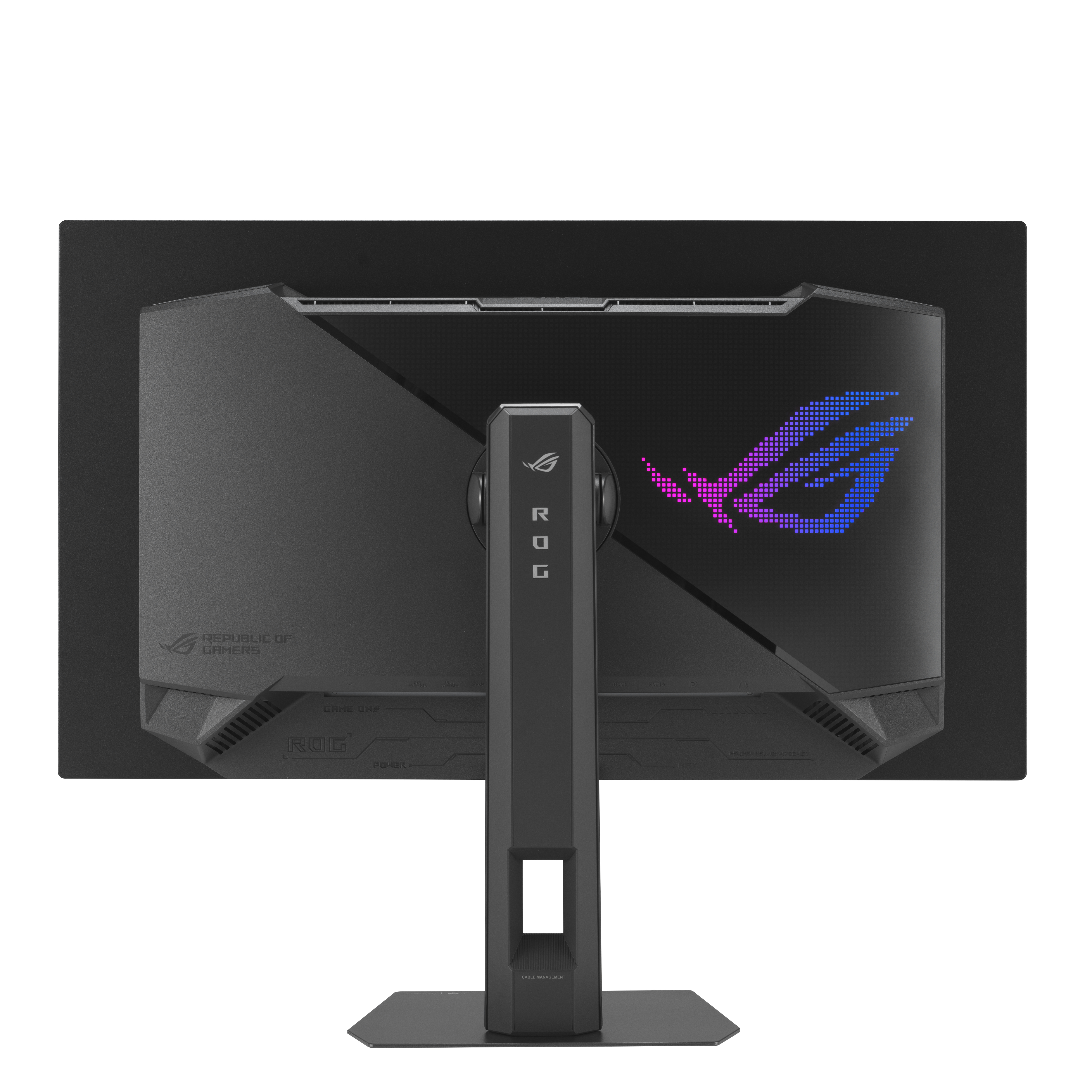 Rückseite eines schwarzen Monitors mit Ständer. Merkmale ROG-Logo und Text, mit Farbwechsel-LED-Design.