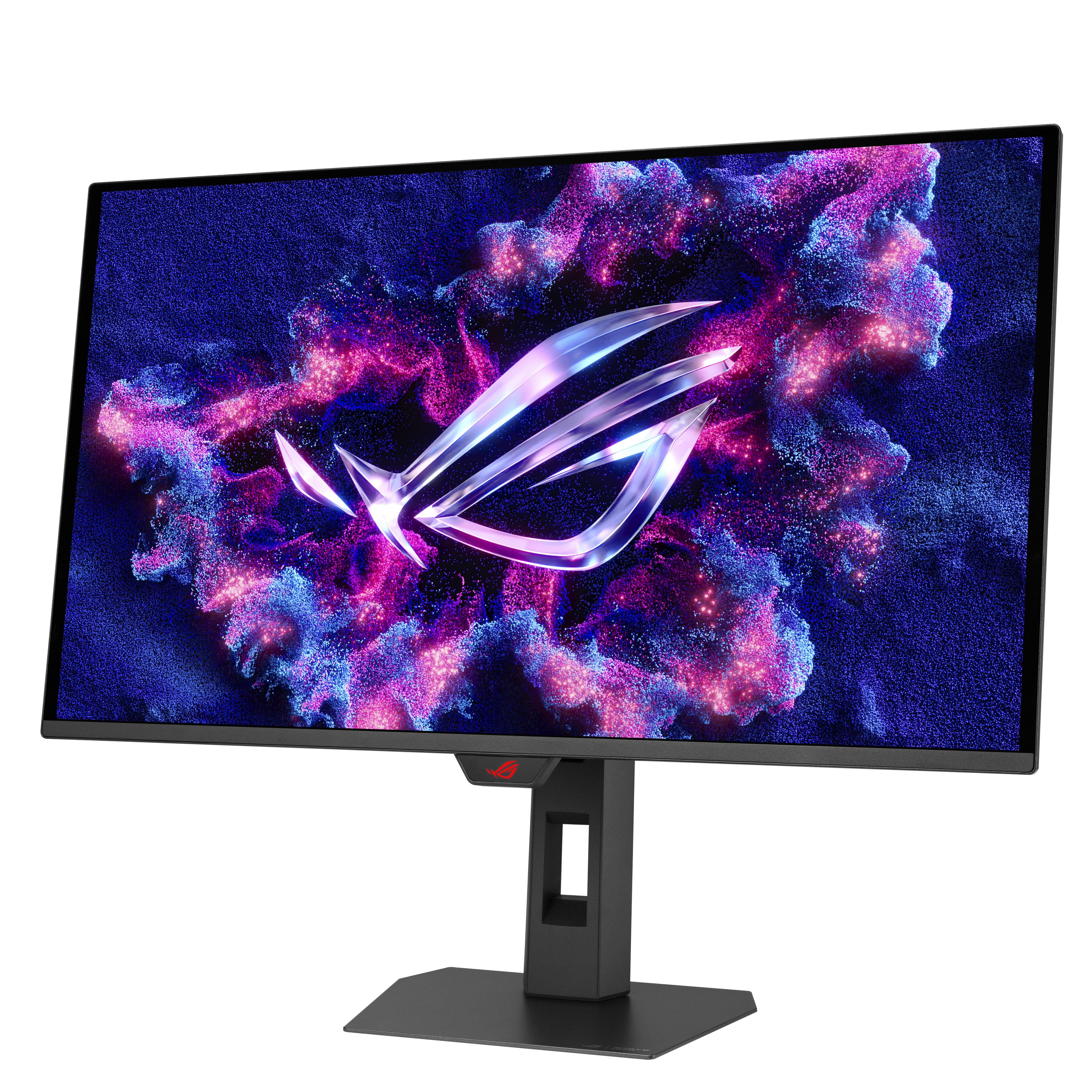 Ein schwarzer Computermonitor. Der Bildschirm zeigt ein farbenfrohes, abstraktes Design. Der Ständer ist schwarz.
