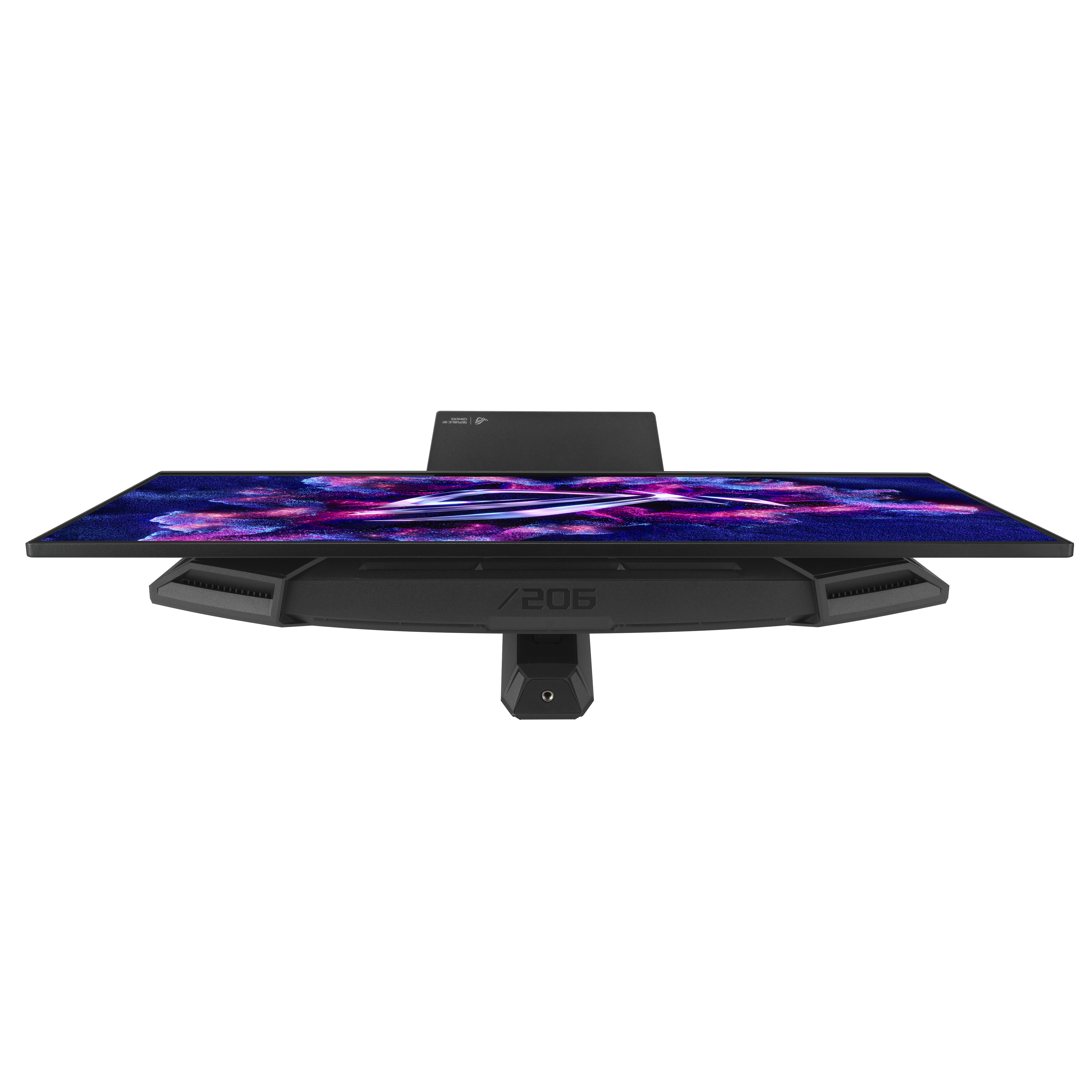 Schwarzer Computermonitor mit farbenfrohem Display. Der Ständer und die Lünette sind schwarz. Der Hintergrund ist weiß.
