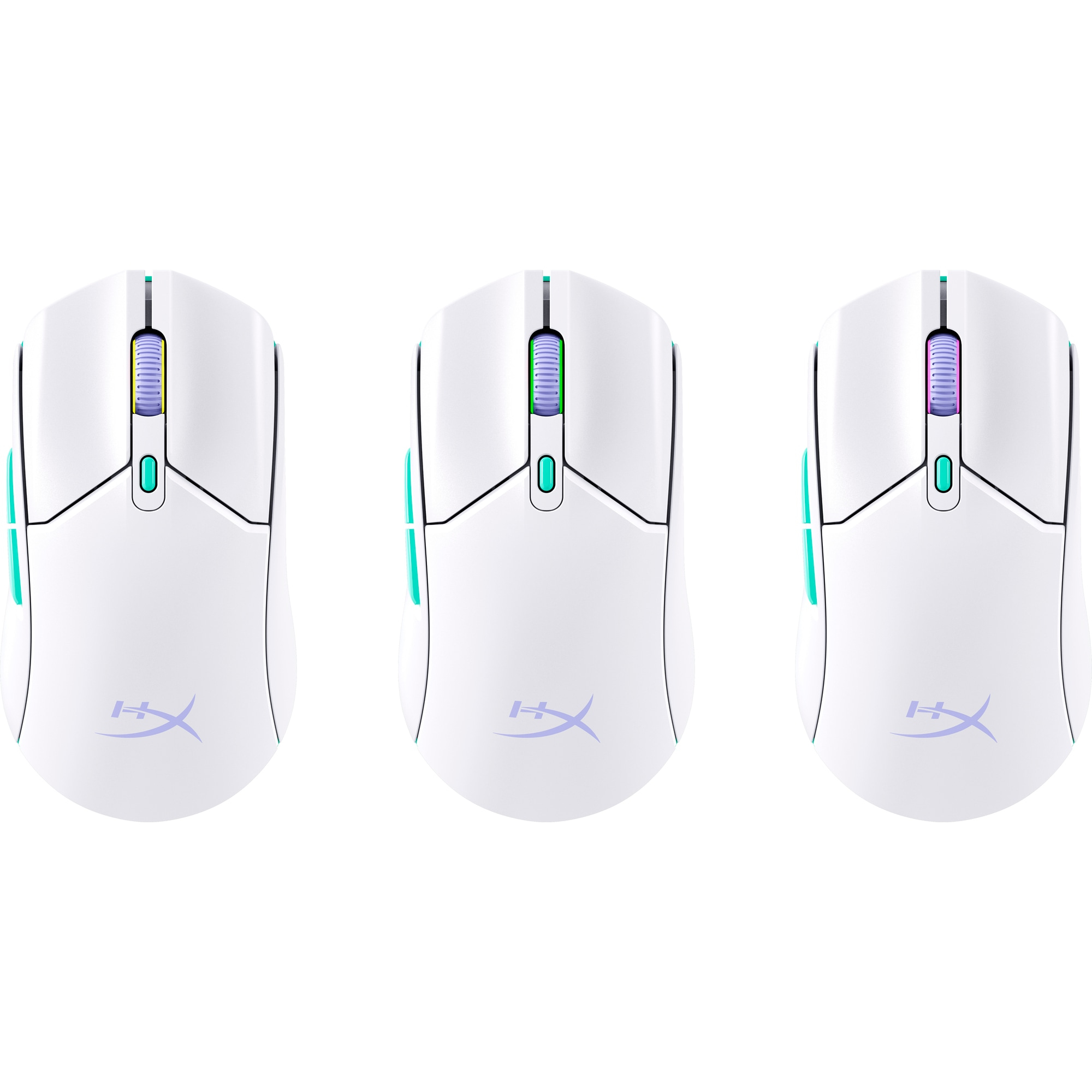 Three white computer mice. Each has a scroll wheel that is a different color and a logo on the bottom.