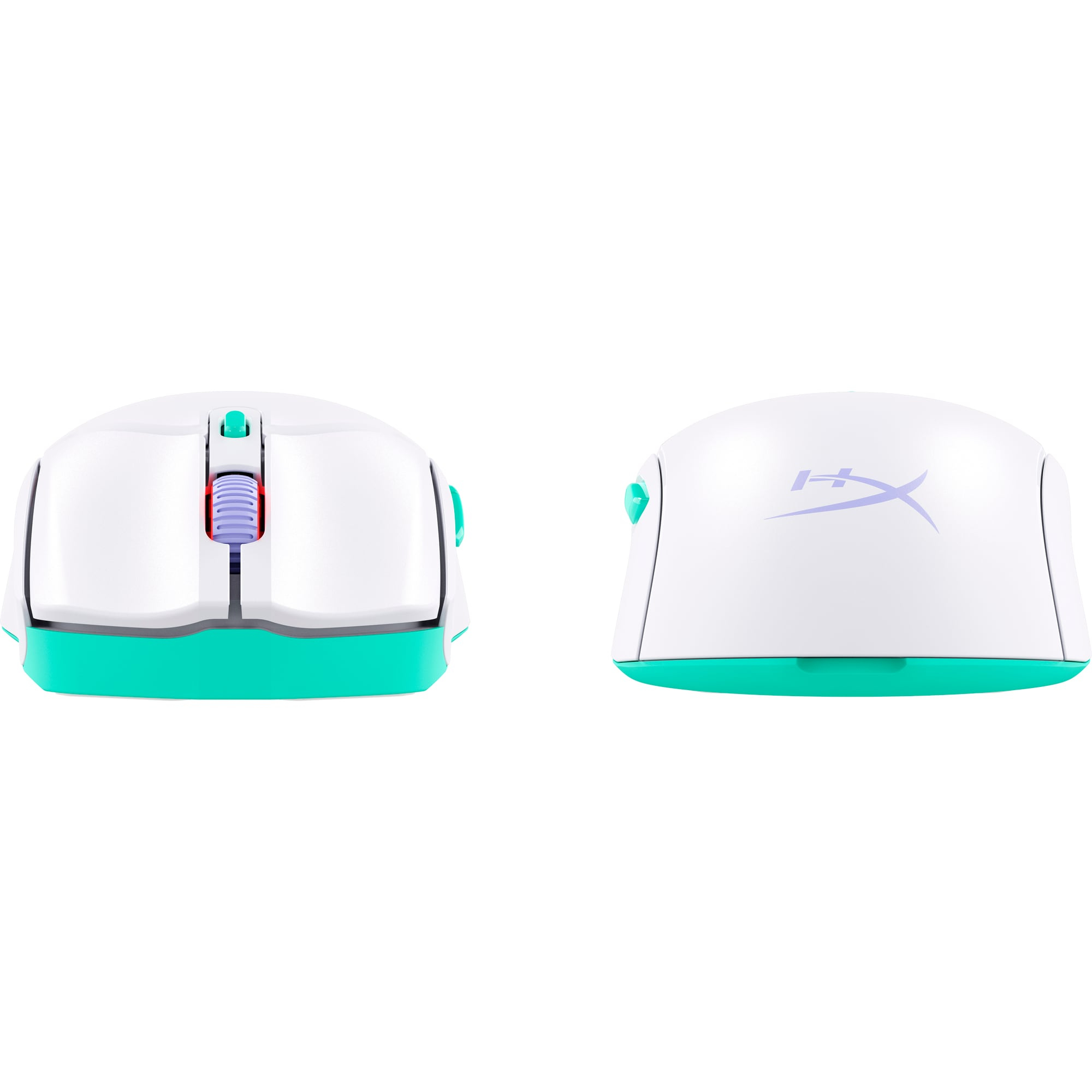 Two white computer mice with teal and purple accents are shown against a white background.