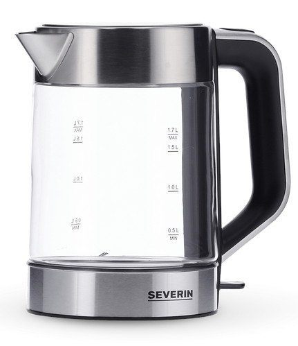 Przezroczysty szklany czajnik elektryczny ze stalową podstawą, pokrywą i wylewką. Czarny uchwyt z boku. Marka to SEVERIN.