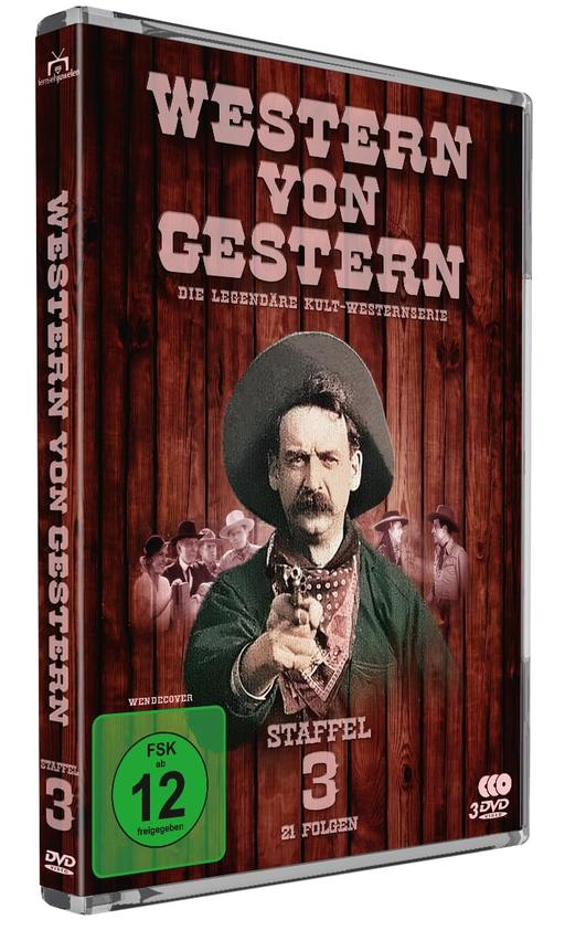 DVD-Hülle von 'Western von Gestern'. Ein Mann mit Cowboyhut zielt mit einer Waffe. Text enthält 'Staffel 3' und Altersfreigabe.